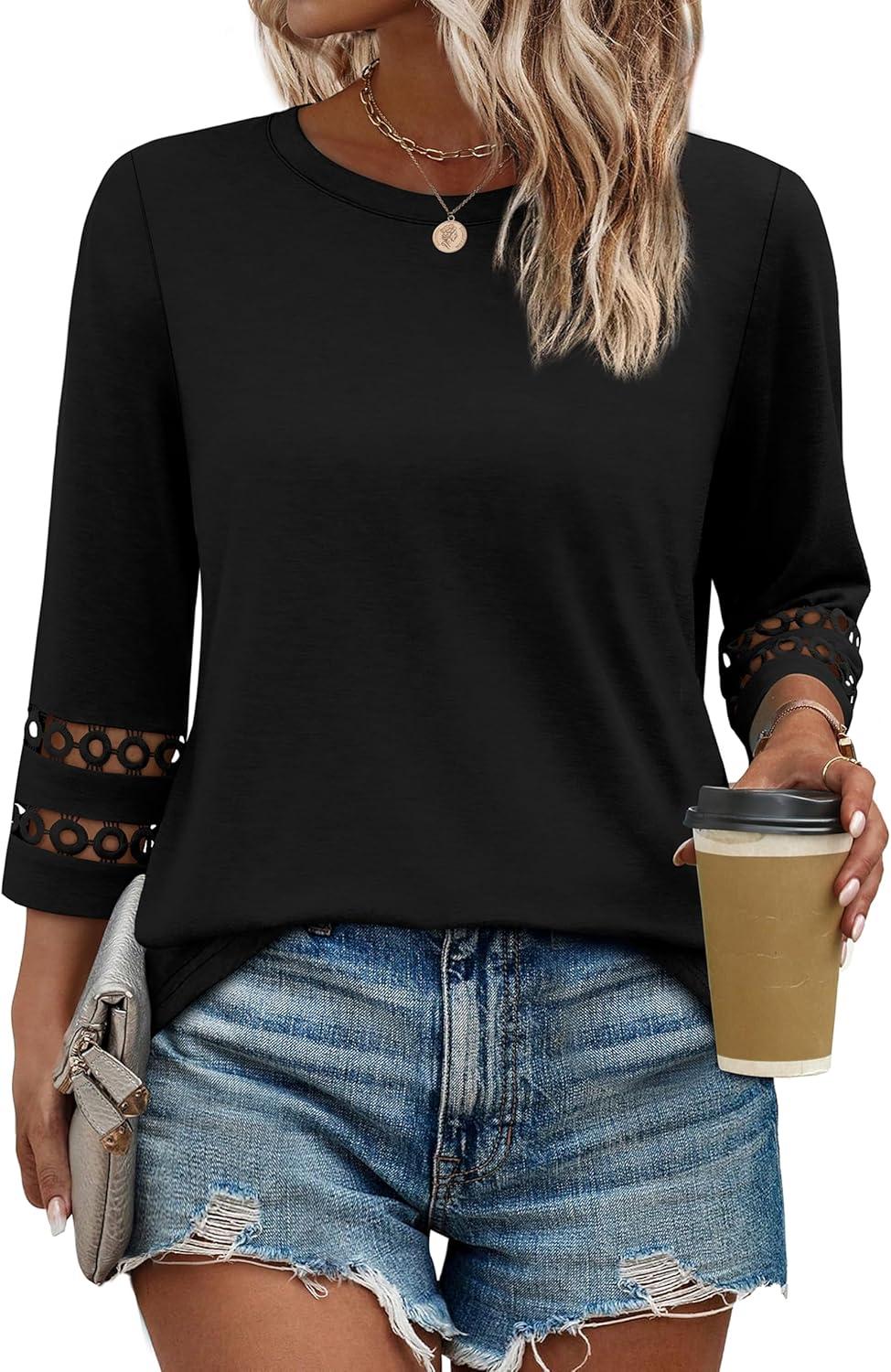 imageXIEERDUO 34 Length Sleeve Womens Tops and Blouses Dressy Casual Crewneck T Shirts Fashion Clothes Loose Fit TrendyBlack