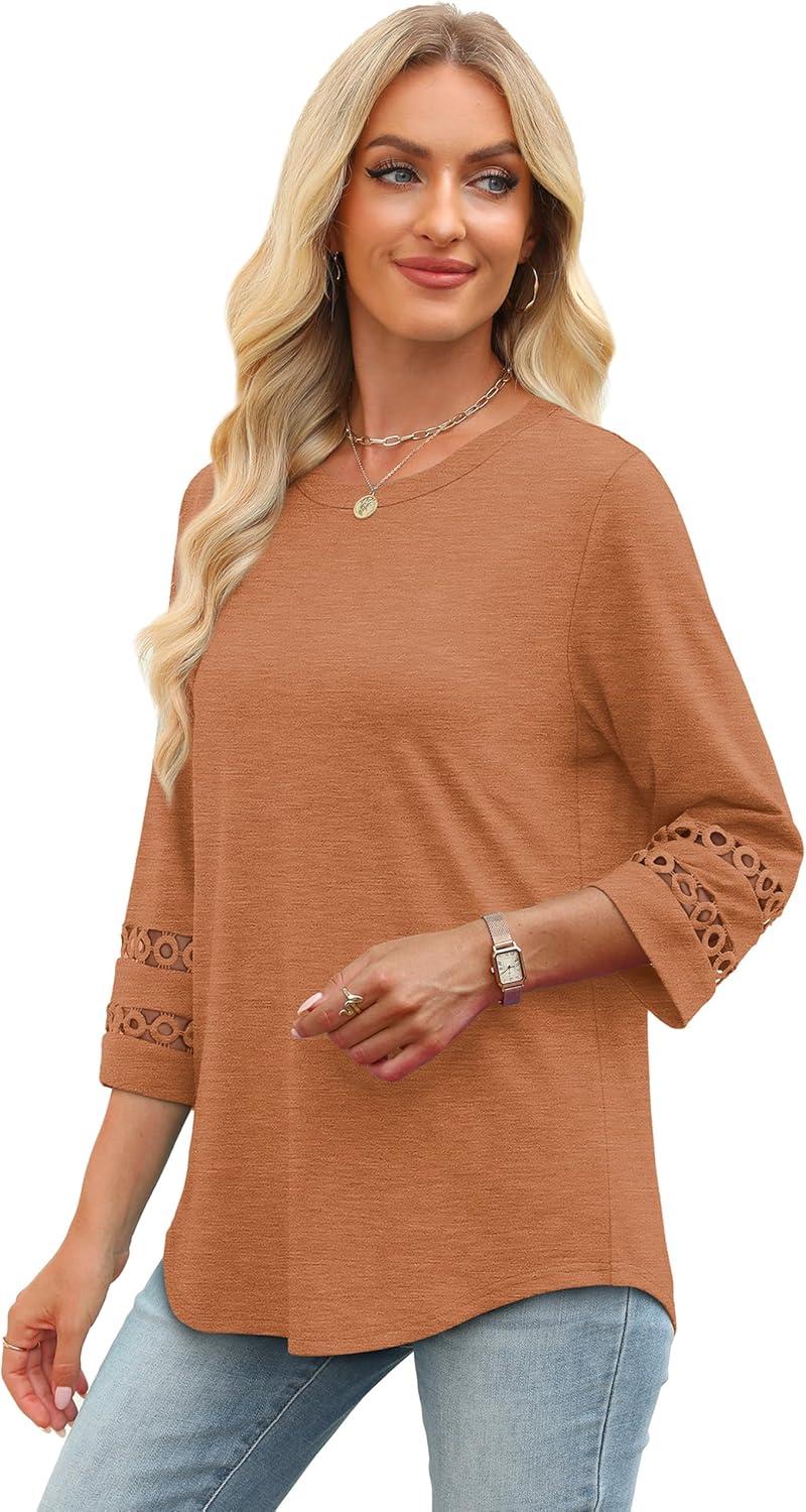 imageXIEERDUO 34 Length Sleeve Womens Tops and Blouses Dressy Casual Crewneck T Shirts Fashion Clothes Loose Fit TrendyCaramel