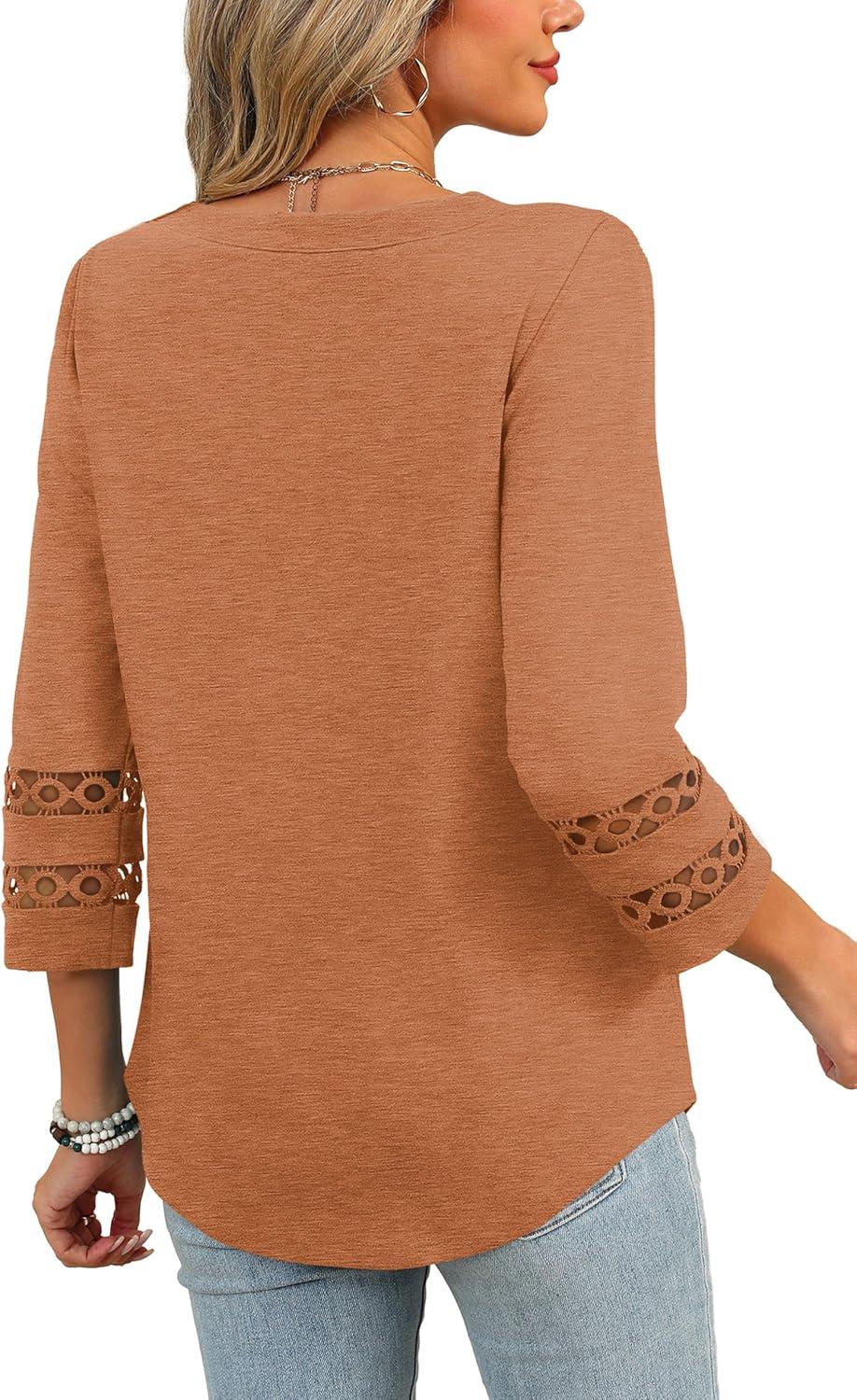 imageXIEERDUO 34 Length Sleeve Womens Tops and Blouses Dressy Casual Crewneck T Shirts Fashion Clothes Loose Fit TrendyCaramel