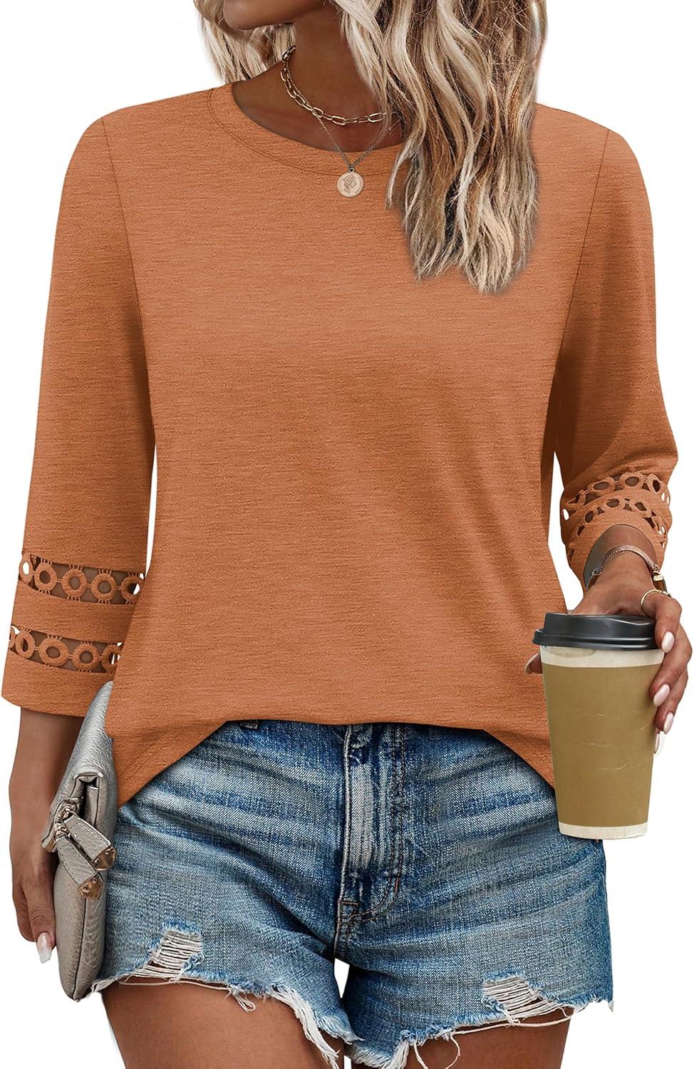 imageXIEERDUO 34 Length Sleeve Womens Tops and Blouses Dressy Casual Crewneck T Shirts Fashion Clothes Loose Fit TrendyCaramel