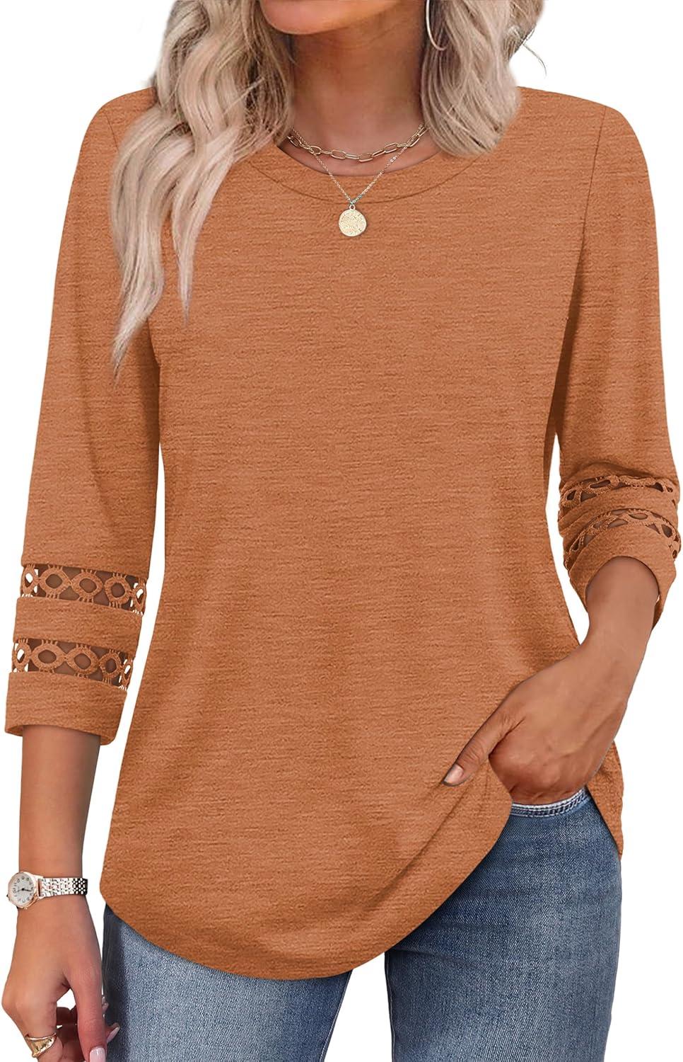 imageXIEERDUO 34 Length Sleeve Womens Tops and Blouses Dressy Casual Crewneck T Shirts Fashion Clothes Loose Fit TrendyCaramel