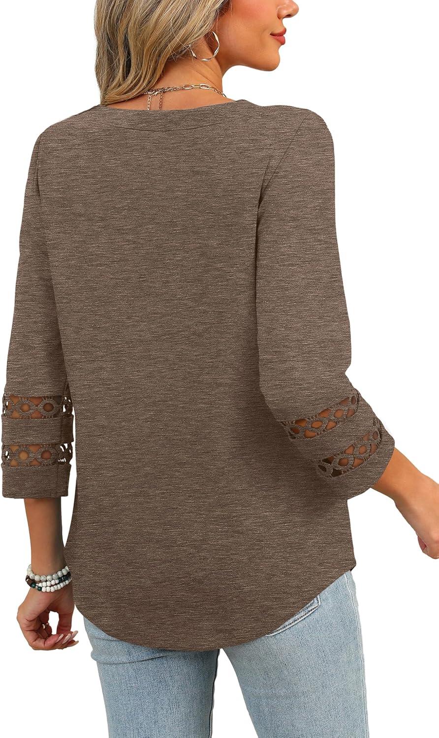 imageXIEERDUO 34 Length Sleeve Womens Tops and Blouses Dressy Casual Crewneck T Shirts Fashion Clothes Loose Fit TrendyCoffee