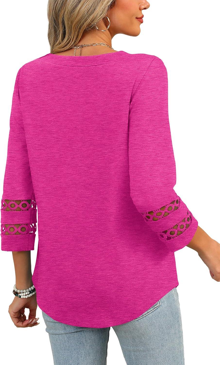 imageXIEERDUO 34 Length Sleeve Womens Tops and Blouses Dressy Casual Crewneck T Shirts Fashion Clothes Loose Fit TrendyHot Pink