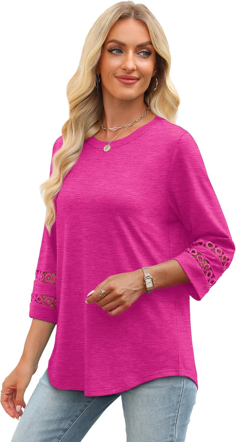 imageXIEERDUO 34 Length Sleeve Womens Tops and Blouses Dressy Casual Crewneck T Shirts Fashion Clothes Loose Fit TrendyHot Pink