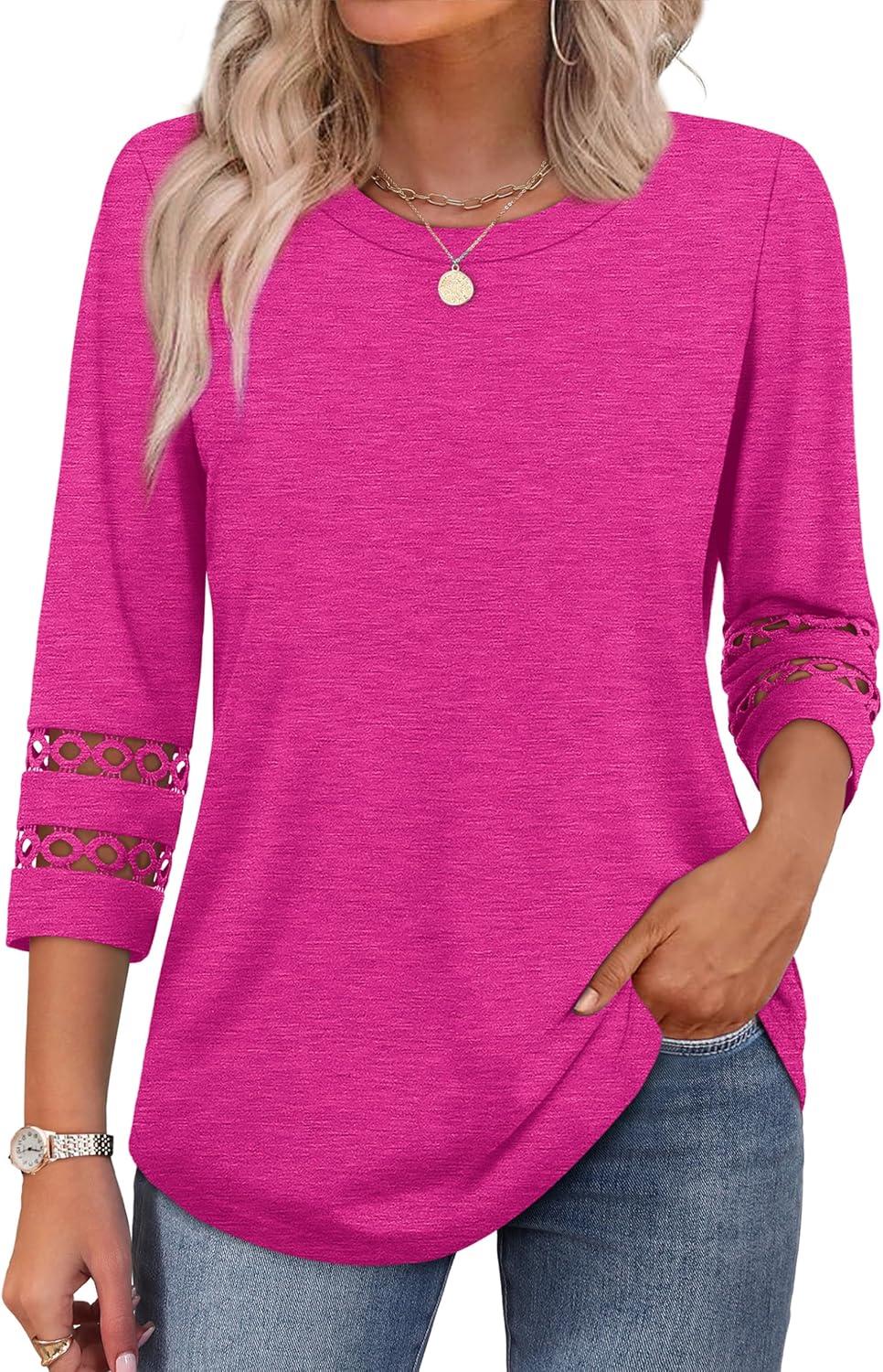 imageXIEERDUO 34 Length Sleeve Womens Tops and Blouses Dressy Casual Crewneck T Shirts Fashion Clothes Loose Fit TrendyHot Pink