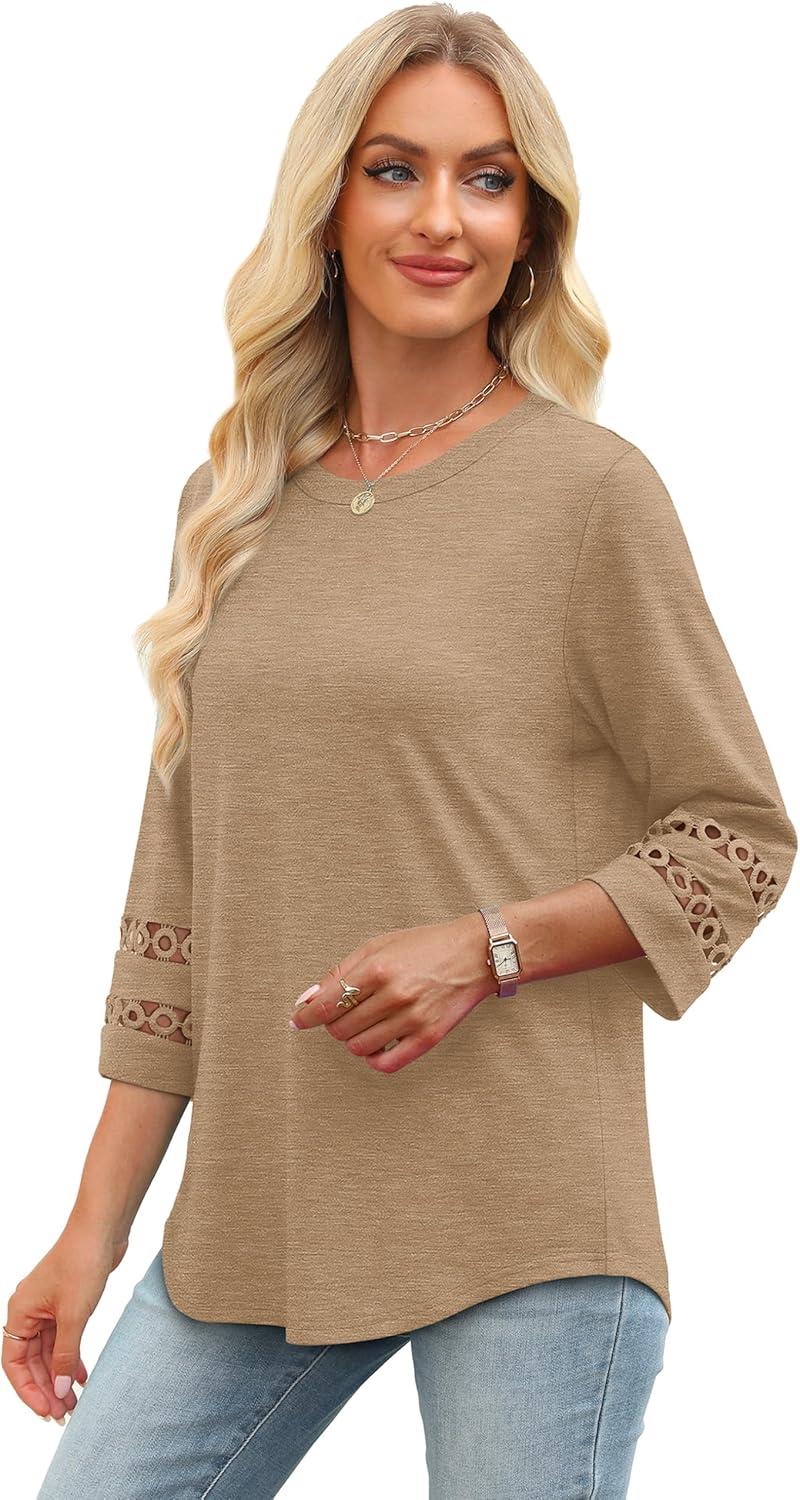 imageXIEERDUO 34 Length Sleeve Womens Tops and Blouses Dressy Casual Crewneck T Shirts Fashion Clothes Loose Fit TrendyKhaki