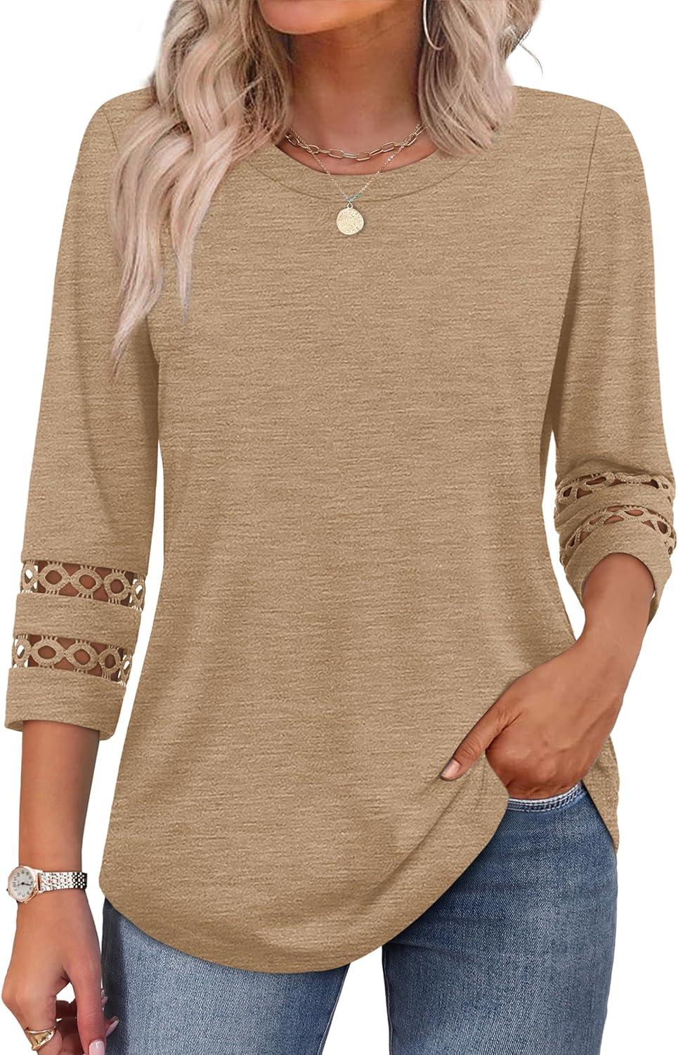 imageXIEERDUO 34 Length Sleeve Womens Tops and Blouses Dressy Casual Crewneck T Shirts Fashion Clothes Loose Fit TrendyKhaki