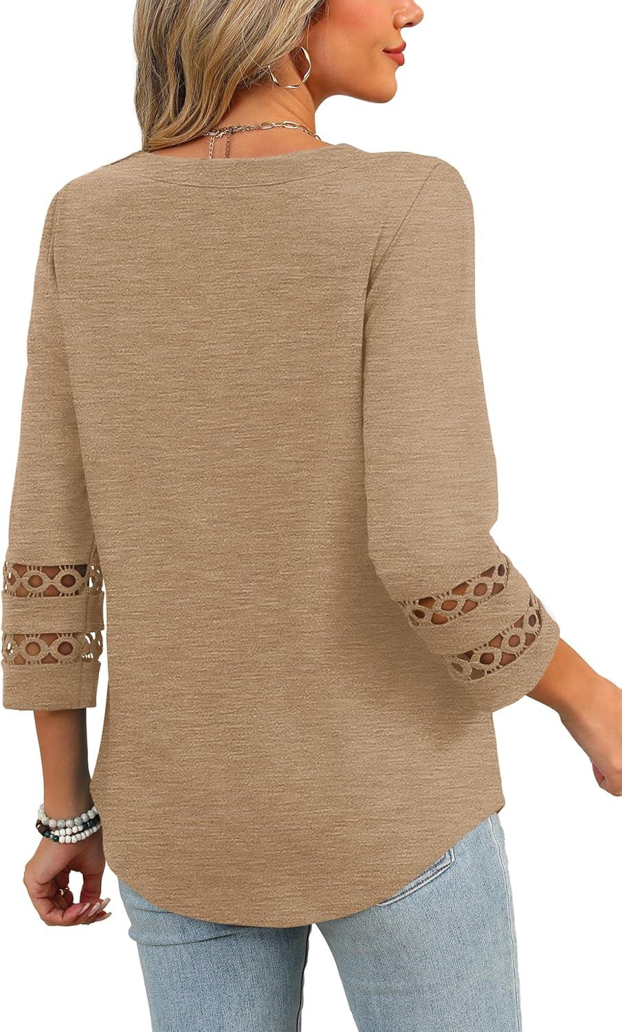 imageXIEERDUO 34 Length Sleeve Womens Tops and Blouses Dressy Casual Crewneck T Shirts Fashion Clothes Loose Fit TrendyKhaki