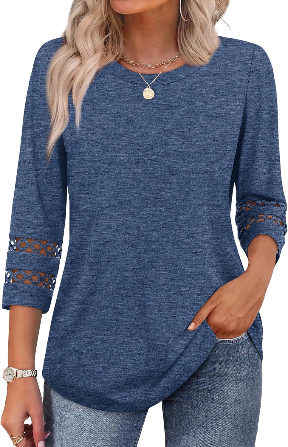 imageXIEERDUO 34 Length Sleeve Womens Tops and Blouses Dressy Casual Crewneck T Shirts Fashion Clothes Loose Fit TrendyNavy