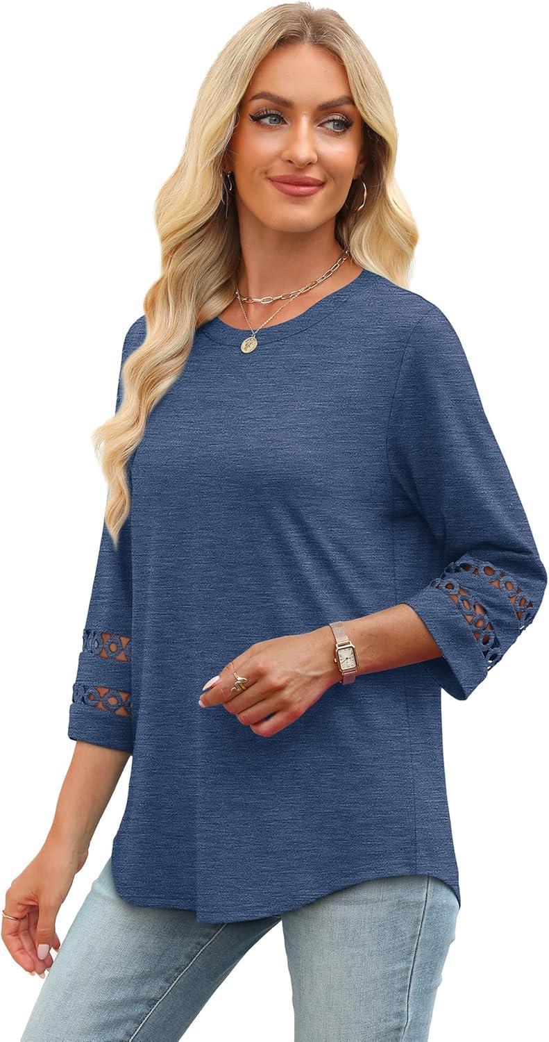 imageXIEERDUO 34 Length Sleeve Womens Tops and Blouses Dressy Casual Crewneck T Shirts Fashion Clothes Loose Fit TrendyNavy