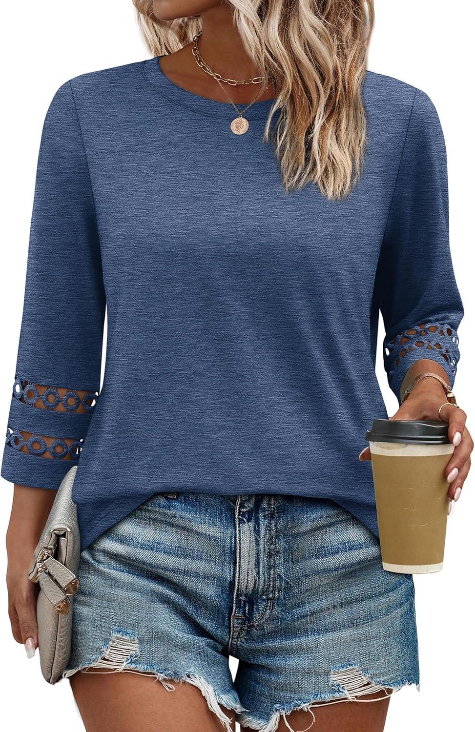 imageXIEERDUO 34 Length Sleeve Womens Tops and Blouses Dressy Casual Crewneck T Shirts Fashion Clothes Loose Fit TrendyNavy