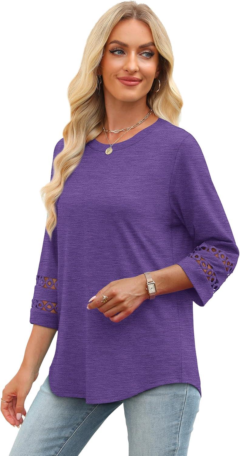 imageXIEERDUO 34 Length Sleeve Womens Tops and Blouses Dressy Casual Crewneck T Shirts Fashion Clothes Loose Fit TrendyPurple