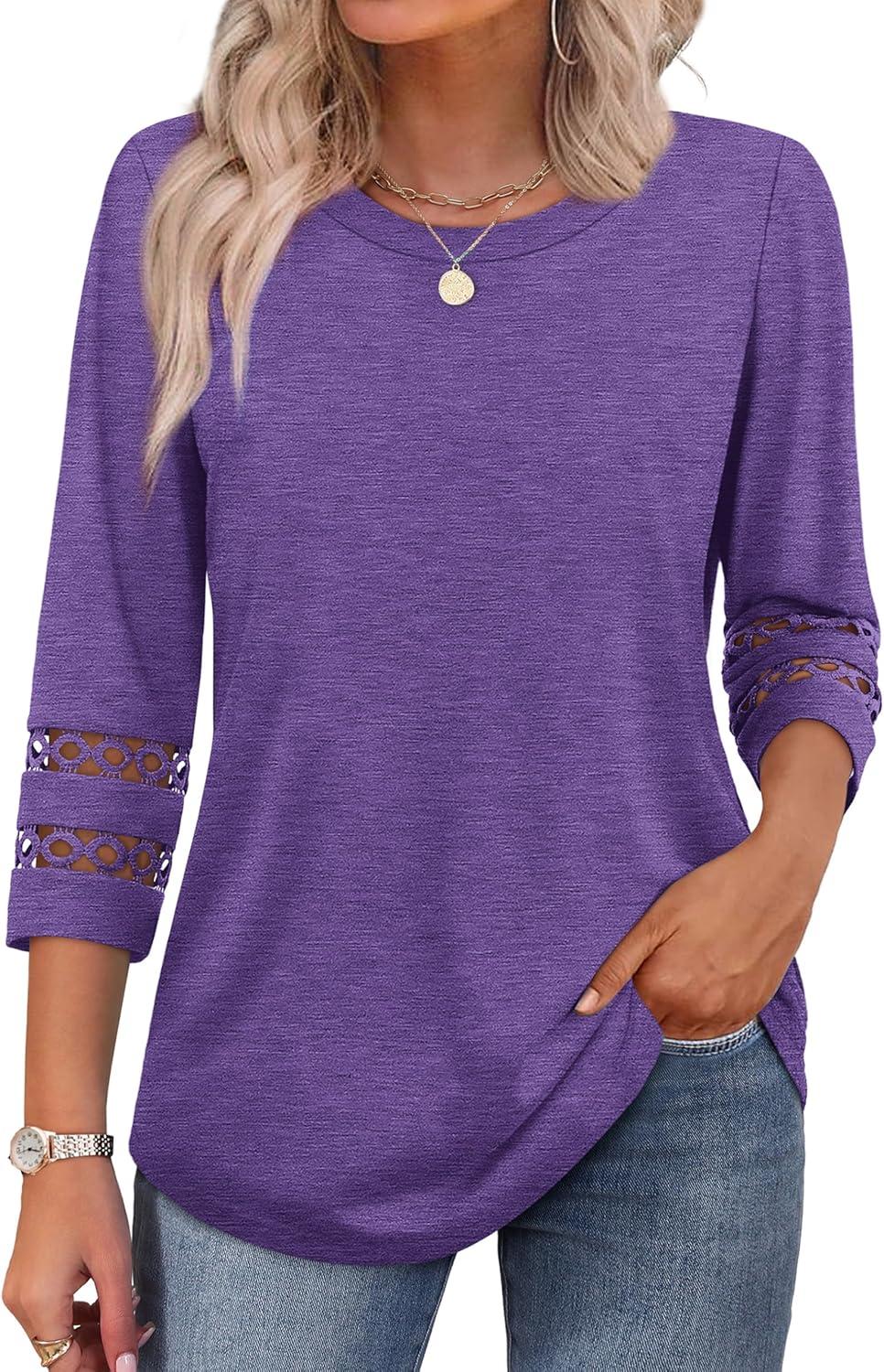 imageXIEERDUO 34 Length Sleeve Womens Tops and Blouses Dressy Casual Crewneck T Shirts Fashion Clothes Loose Fit TrendyPurple