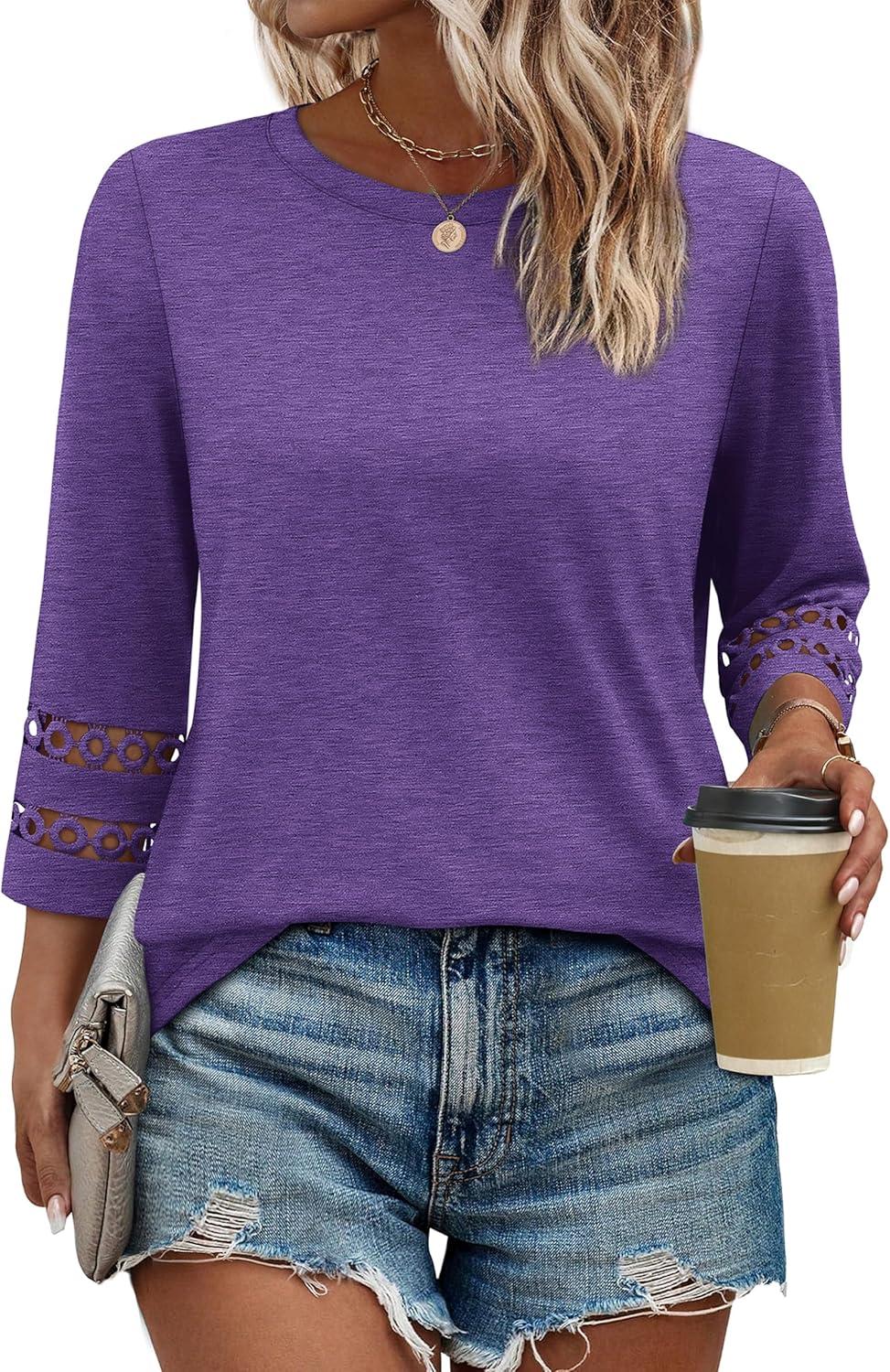 imageXIEERDUO 34 Length Sleeve Womens Tops and Blouses Dressy Casual Crewneck T Shirts Fashion Clothes Loose Fit TrendyPurple