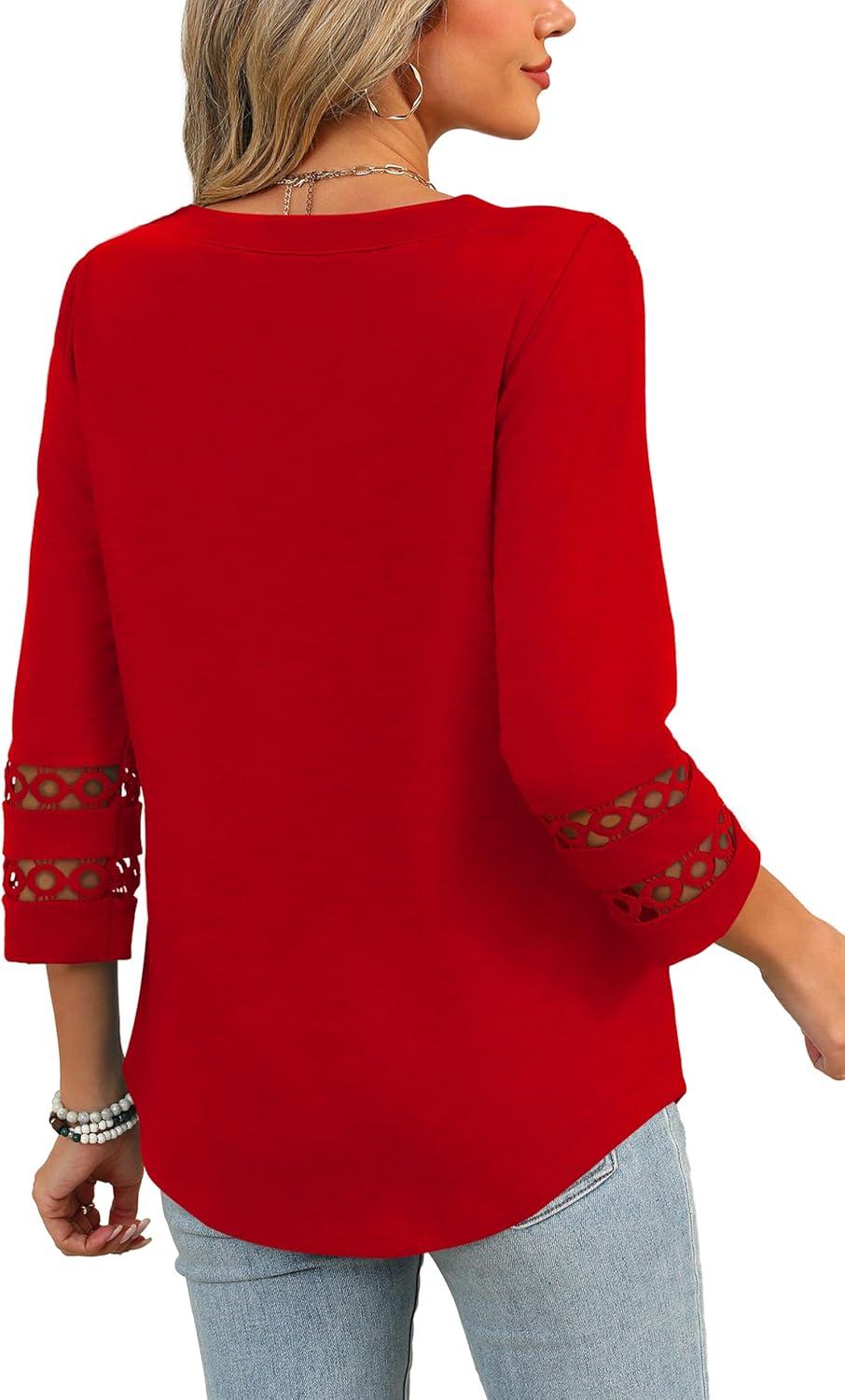 imageXIEERDUO 34 Length Sleeve Womens Tops and Blouses Dressy Casual Crewneck T Shirts Fashion Clothes Loose Fit TrendyRed