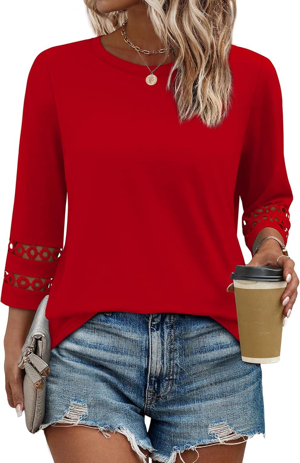imageXIEERDUO 34 Length Sleeve Womens Tops and Blouses Dressy Casual Crewneck T Shirts Fashion Clothes Loose Fit TrendyRed