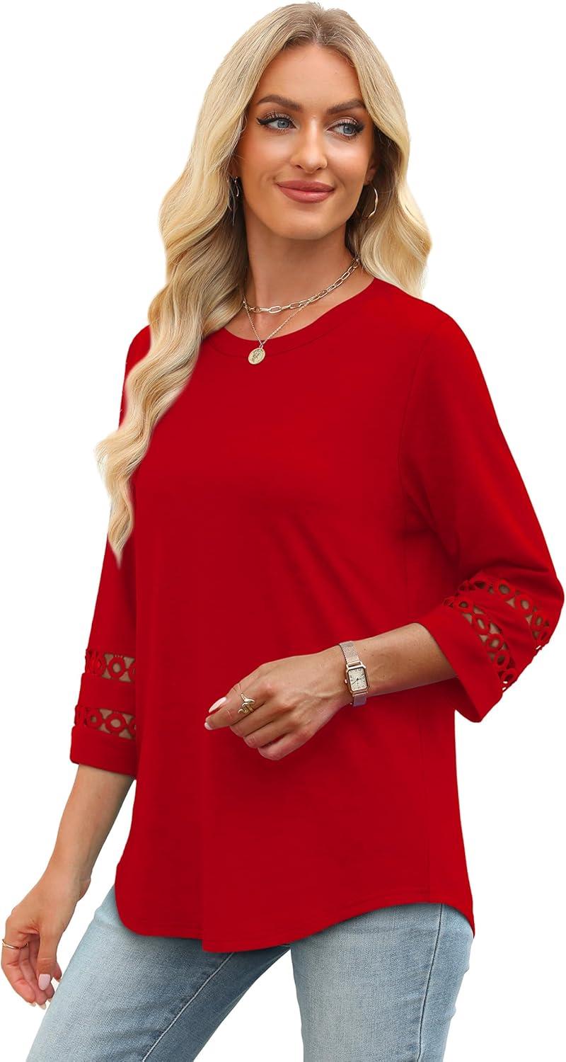 imageXIEERDUO 34 Length Sleeve Womens Tops and Blouses Dressy Casual Crewneck T Shirts Fashion Clothes Loose Fit TrendyRed