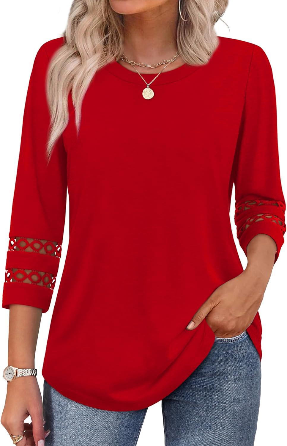 imageXIEERDUO 34 Length Sleeve Womens Tops and Blouses Dressy Casual Crewneck T Shirts Fashion Clothes Loose Fit TrendyRed