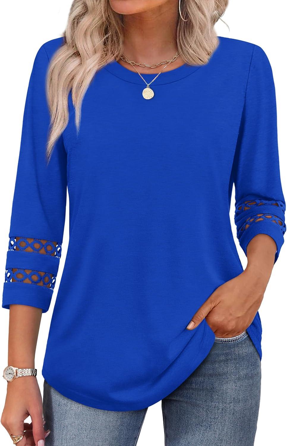 imageXIEERDUO 34 Length Sleeve Womens Tops and Blouses Dressy Casual Crewneck T Shirts Fashion Clothes Loose Fit TrendyRoyal Blue