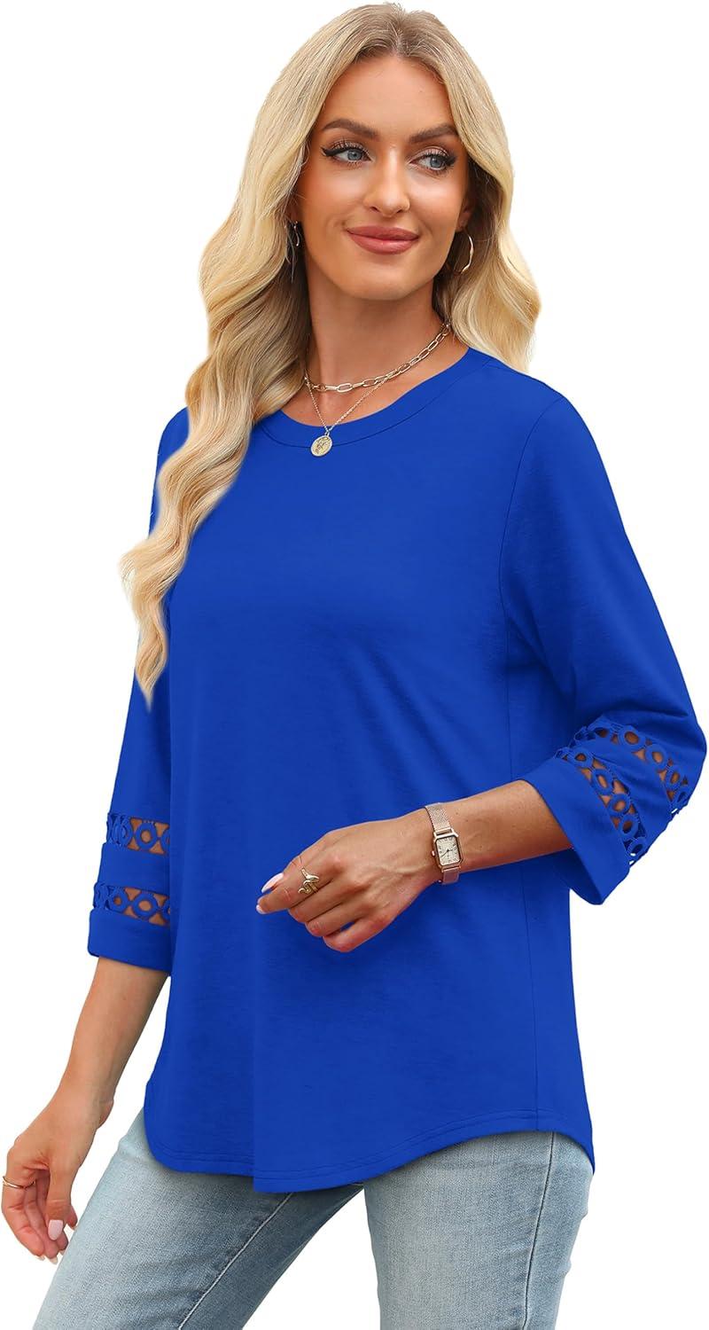 imageXIEERDUO 34 Length Sleeve Womens Tops and Blouses Dressy Casual Crewneck T Shirts Fashion Clothes Loose Fit TrendyRoyal Blue