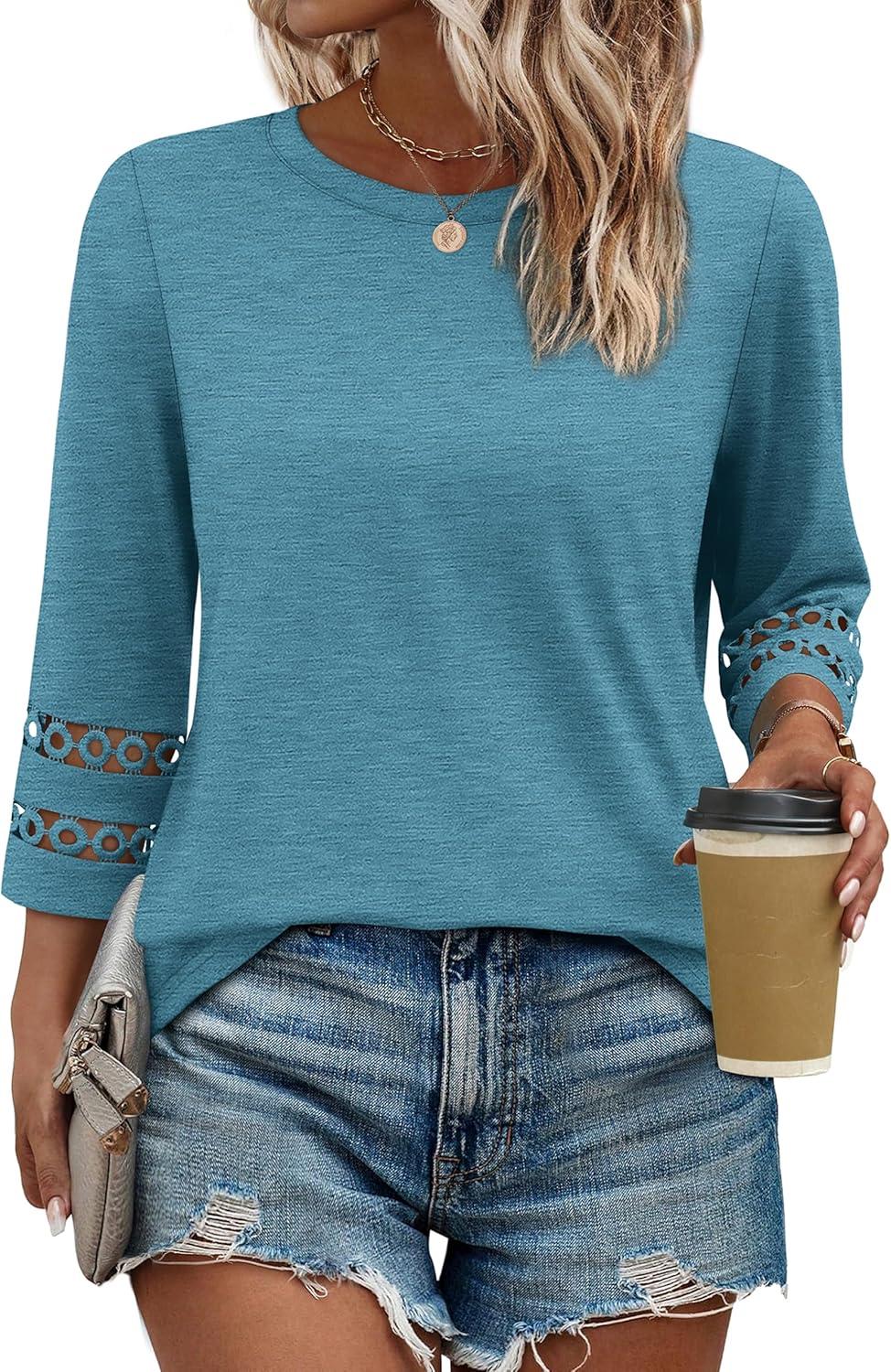 imageXIEERDUO 34 Length Sleeve Womens Tops and Blouses Dressy Casual Crewneck T Shirts Fashion Clothes Loose Fit TrendyTurquoise