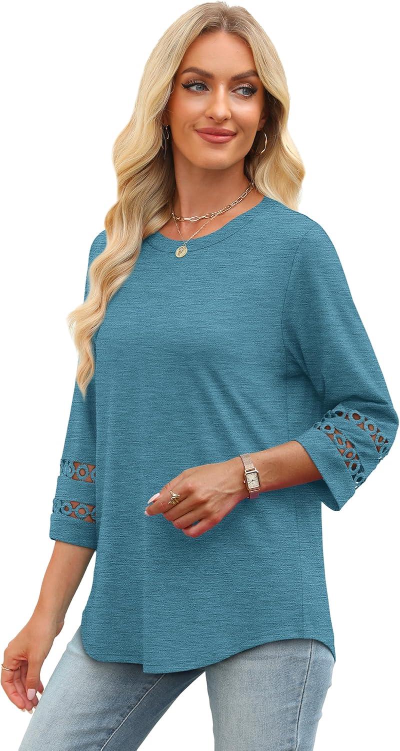 imageXIEERDUO 34 Length Sleeve Womens Tops and Blouses Dressy Casual Crewneck T Shirts Fashion Clothes Loose Fit TrendyTurquoise