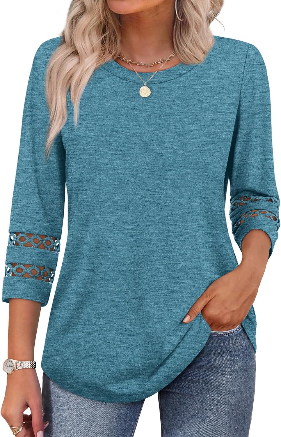 imageXIEERDUO 34 Length Sleeve Womens Tops and Blouses Dressy Casual Crewneck T Shirts Fashion Clothes Loose Fit TrendyTurquoise