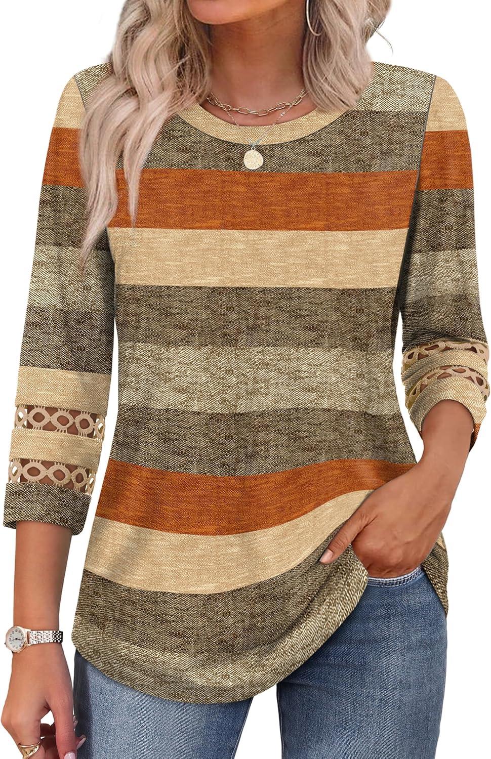 imageXIEERDUO 34 Length Sleeve Womens Tops and Blouses Dressy Casual Crewneck T Shirts Fashion Clothes Loose Fit TrendyZ Brown Stripe
