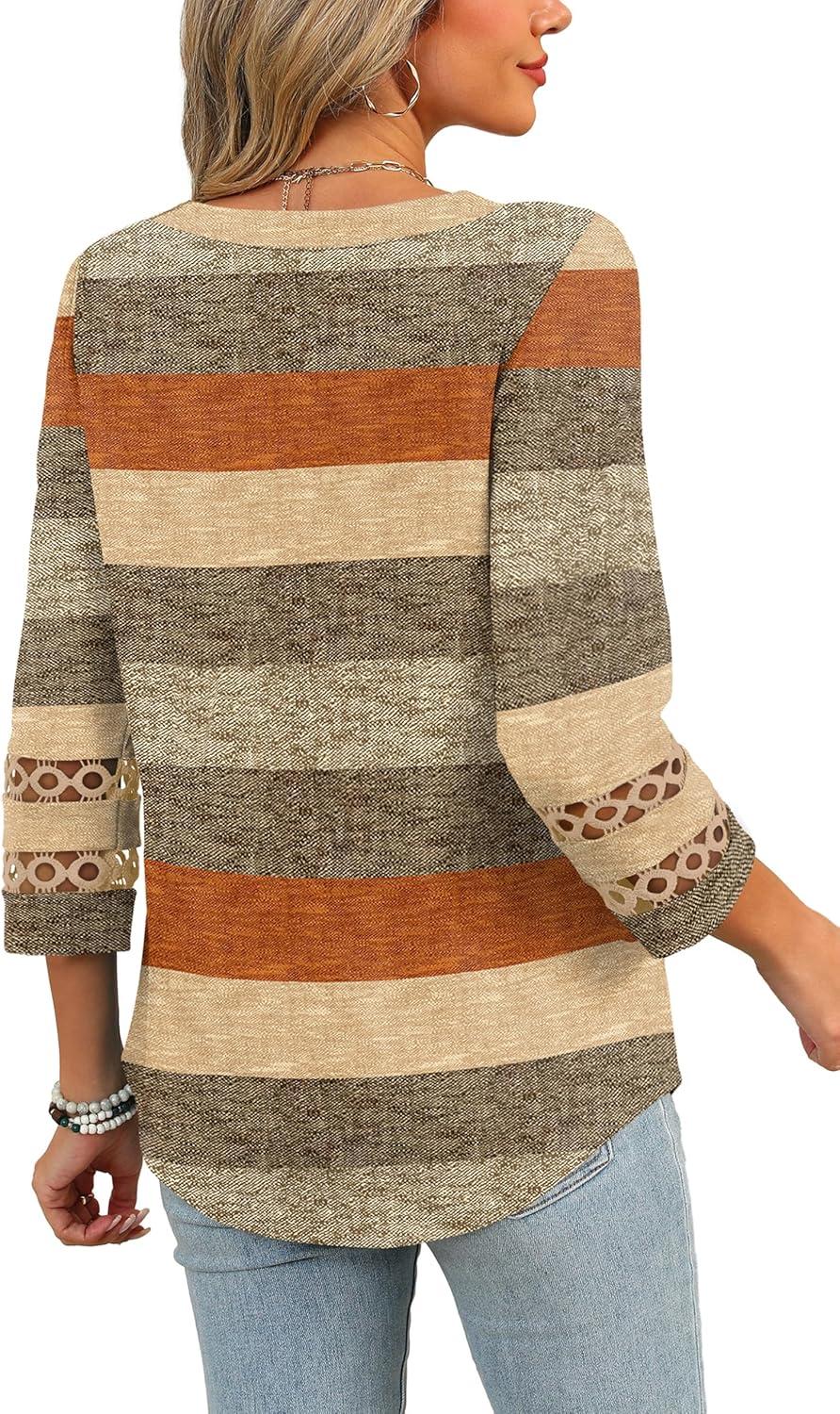 imageXIEERDUO 34 Length Sleeve Womens Tops and Blouses Dressy Casual Crewneck T Shirts Fashion Clothes Loose Fit TrendyZ Brown Stripe