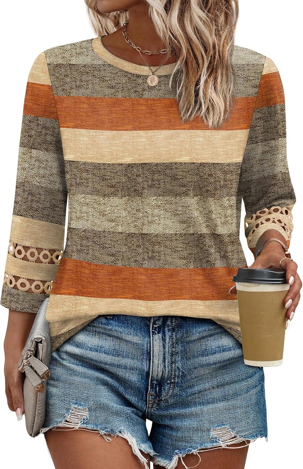 imageXIEERDUO 34 Length Sleeve Womens Tops and Blouses Dressy Casual Crewneck T Shirts Fashion Clothes Loose Fit TrendyZ Brown Stripe