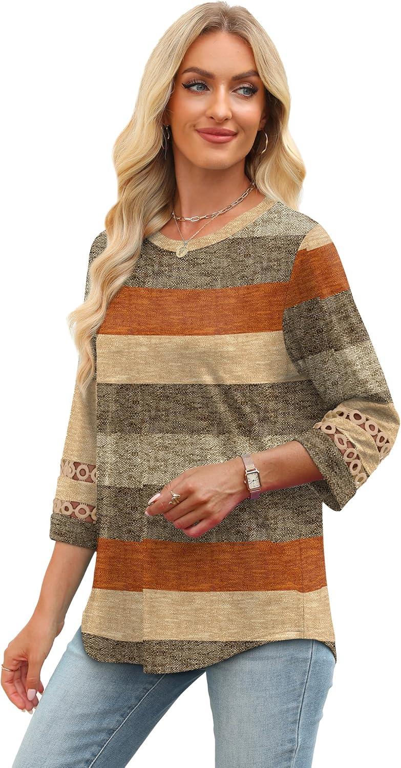 imageXIEERDUO 34 Length Sleeve Womens Tops and Blouses Dressy Casual Crewneck T Shirts Fashion Clothes Loose Fit TrendyZ Brown Stripe