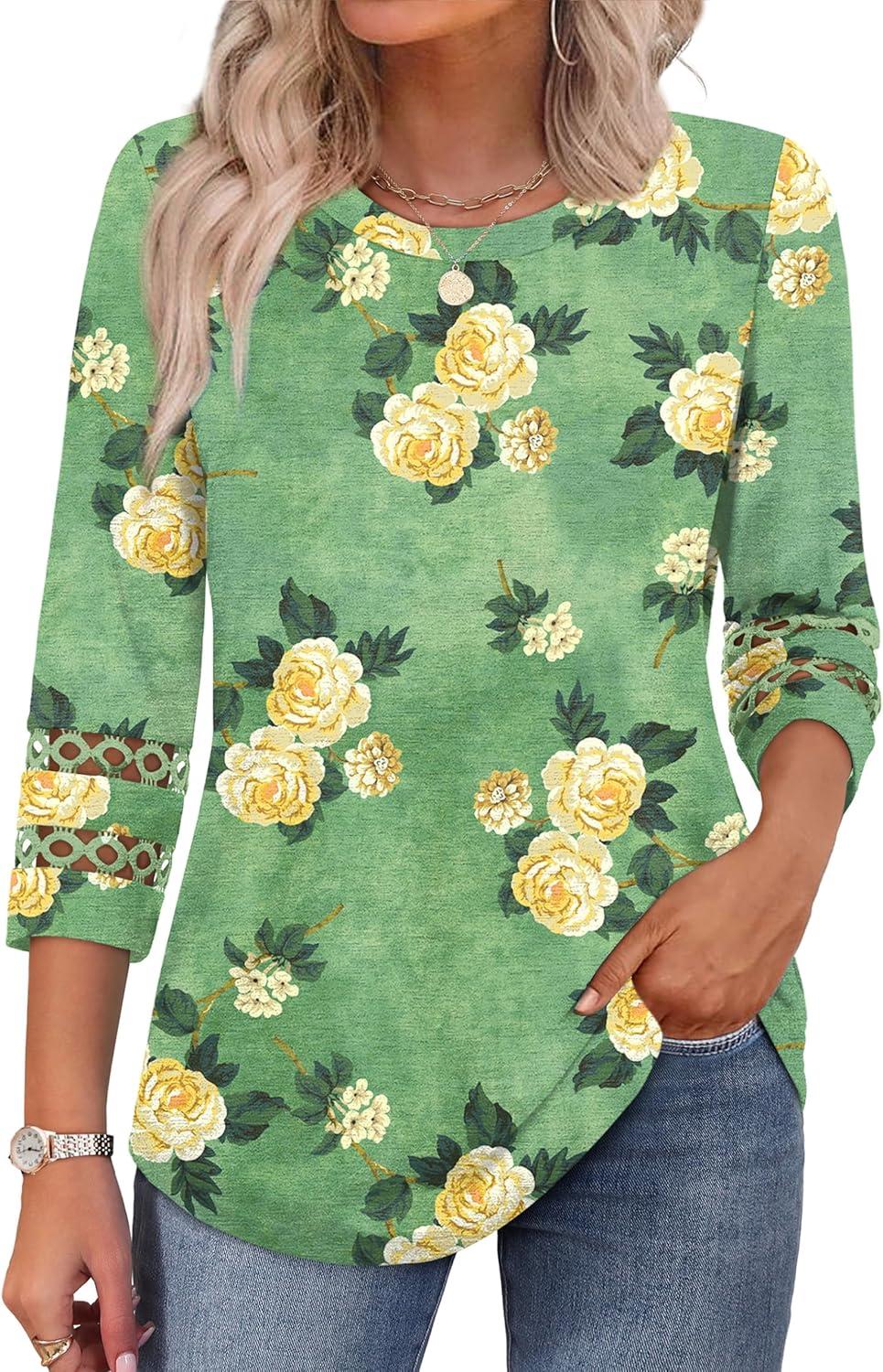 imageXIEERDUO 34 Length Sleeve Womens Tops and Blouses Dressy Casual Crewneck T Shirts Fashion Clothes Loose Fit TrendyZ Green Floral