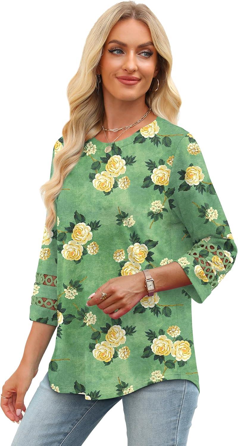 imageXIEERDUO 34 Length Sleeve Womens Tops and Blouses Dressy Casual Crewneck T Shirts Fashion Clothes Loose Fit TrendyZ Green Floral