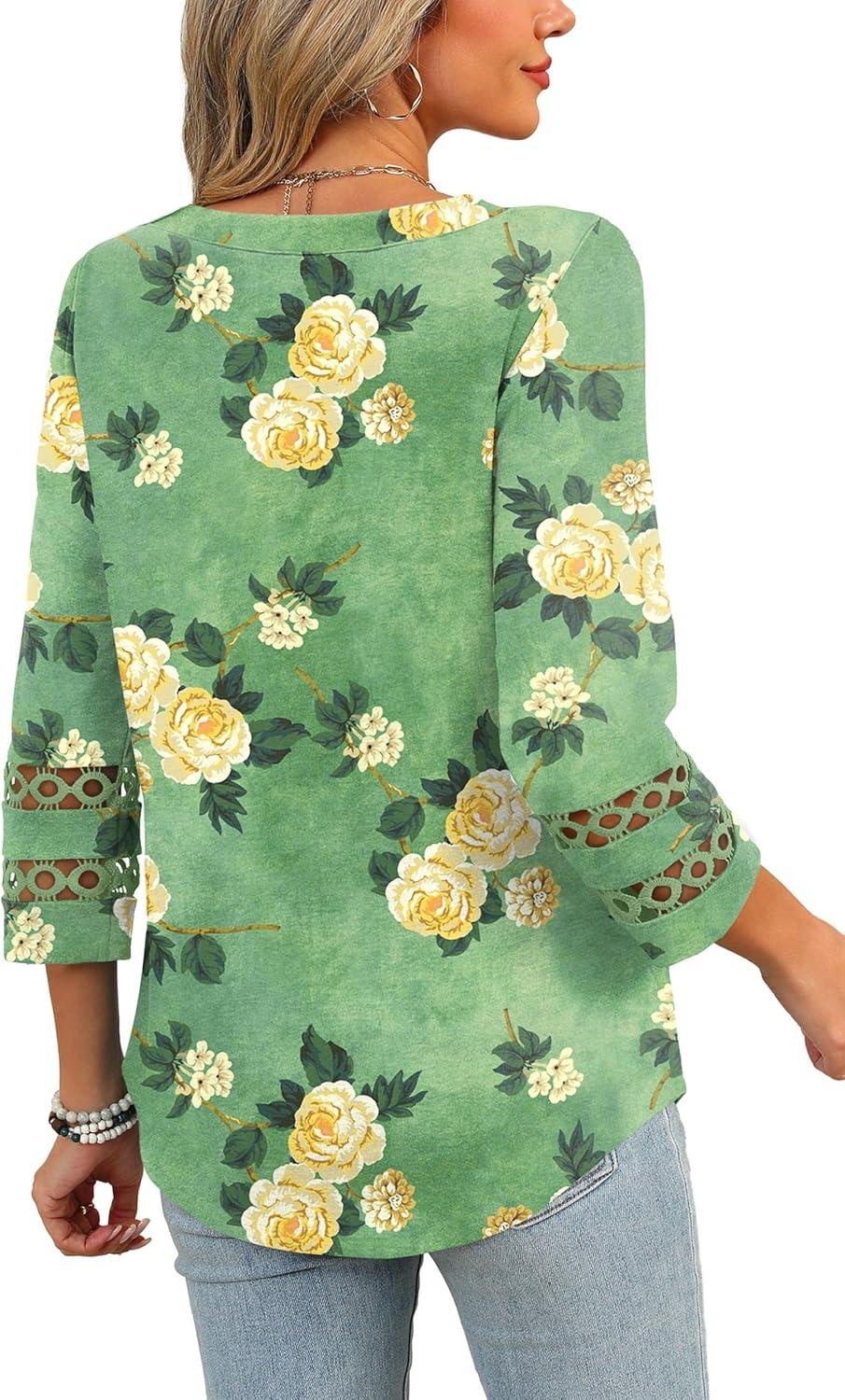 imageXIEERDUO 34 Length Sleeve Womens Tops and Blouses Dressy Casual Crewneck T Shirts Fashion Clothes Loose Fit TrendyZ Green Floral