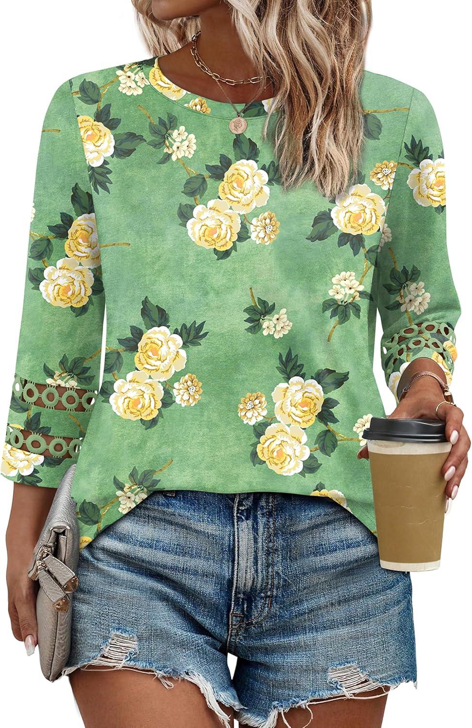 imageXIEERDUO 34 Length Sleeve Womens Tops and Blouses Dressy Casual Crewneck T Shirts Fashion Clothes Loose Fit TrendyZ Green Floral