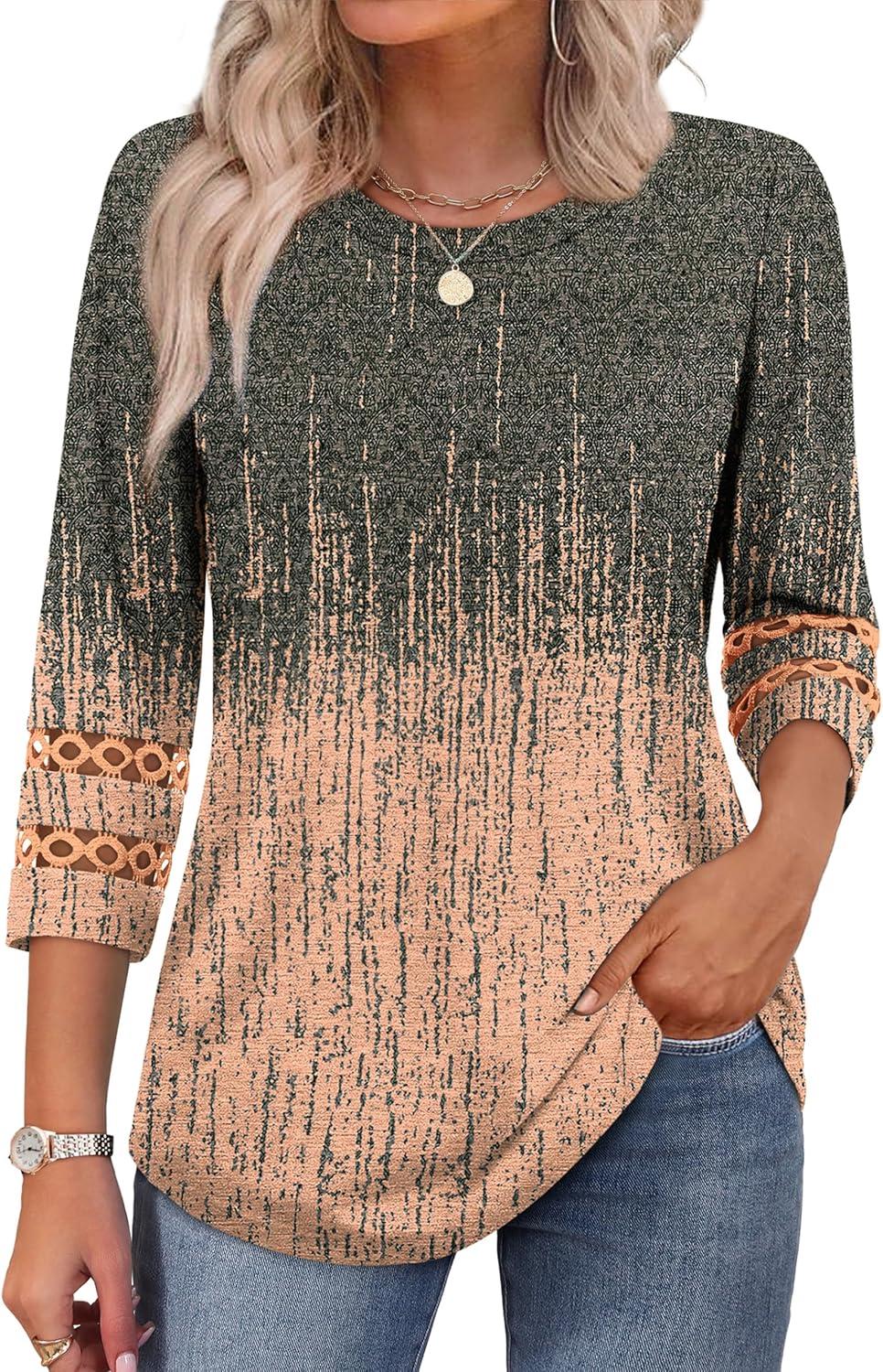 imageXIEERDUO 34 Length Sleeve Womens Tops and Blouses Dressy Casual Crewneck T Shirts Fashion Clothes Loose Fit TrendyZ Grey Coral