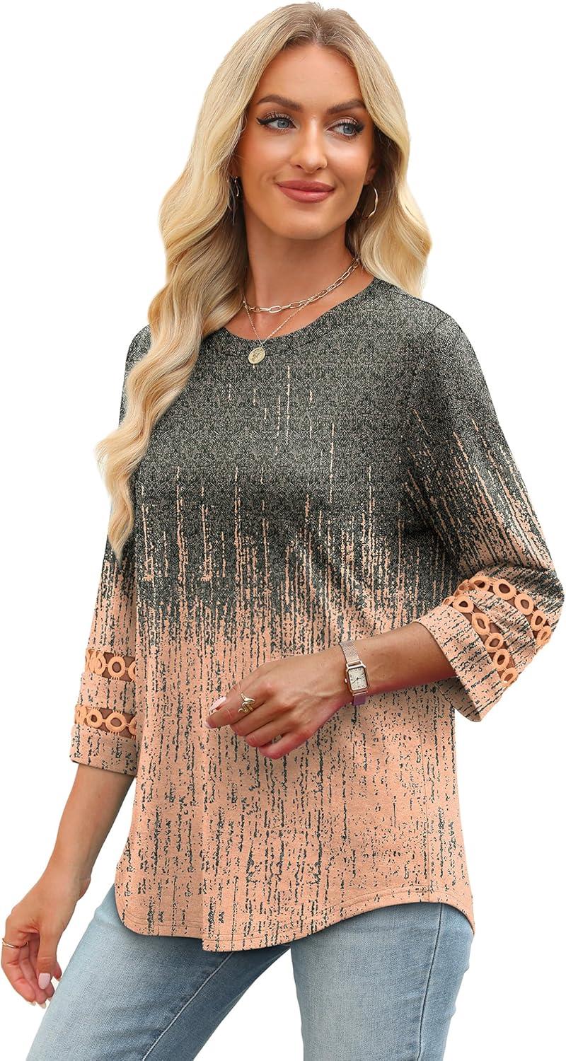 imageXIEERDUO 34 Length Sleeve Womens Tops and Blouses Dressy Casual Crewneck T Shirts Fashion Clothes Loose Fit TrendyZ Grey Coral
