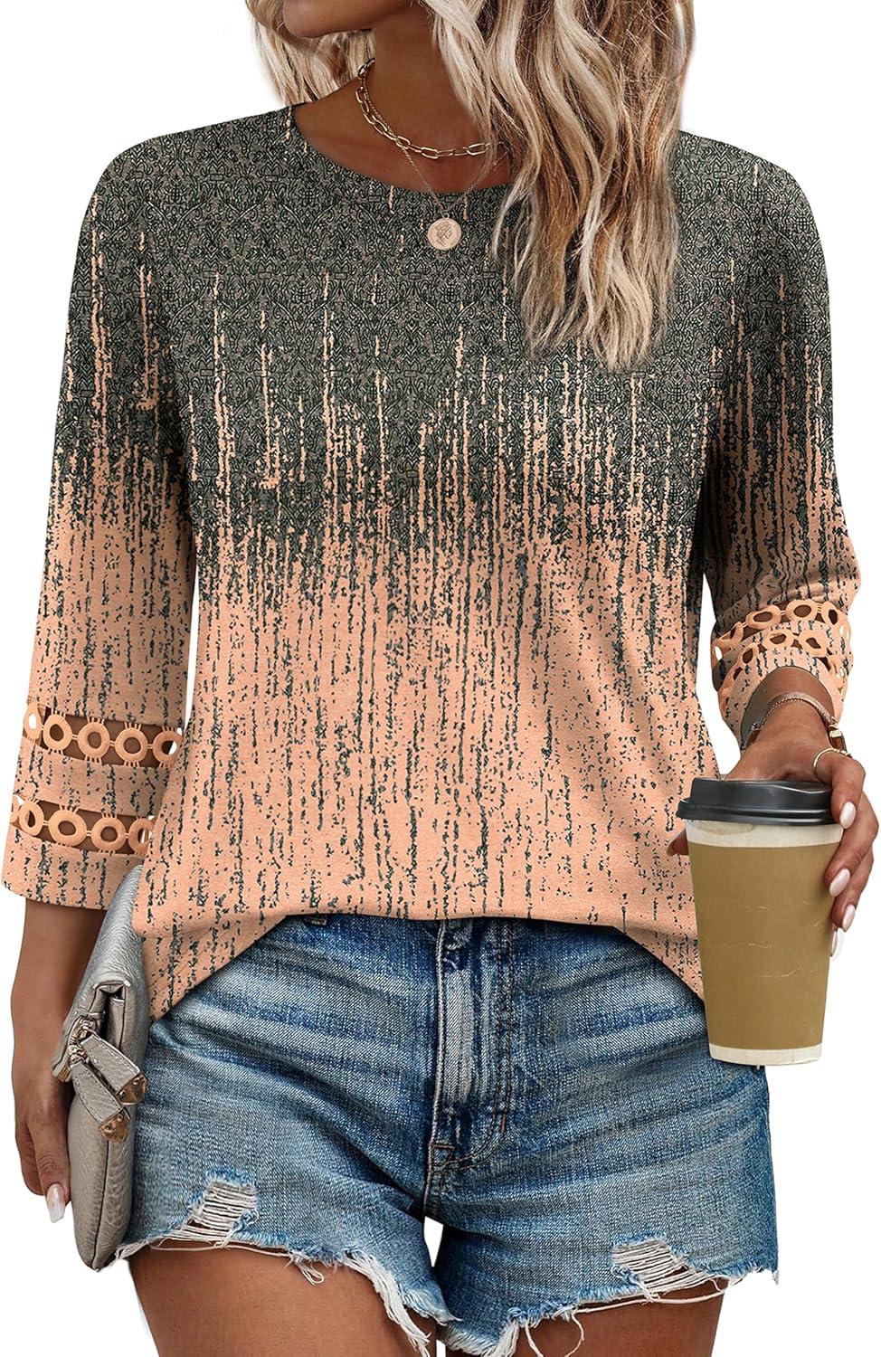 imageXIEERDUO 34 Length Sleeve Womens Tops and Blouses Dressy Casual Crewneck T Shirts Fashion Clothes Loose Fit TrendyZ Grey Coral