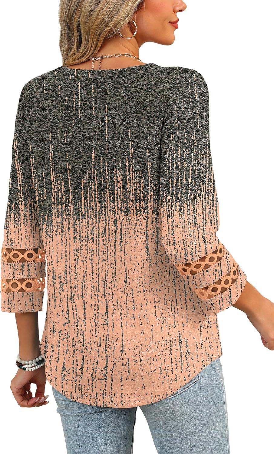 imageXIEERDUO 34 Length Sleeve Womens Tops and Blouses Dressy Casual Crewneck T Shirts Fashion Clothes Loose Fit TrendyZ Grey Coral