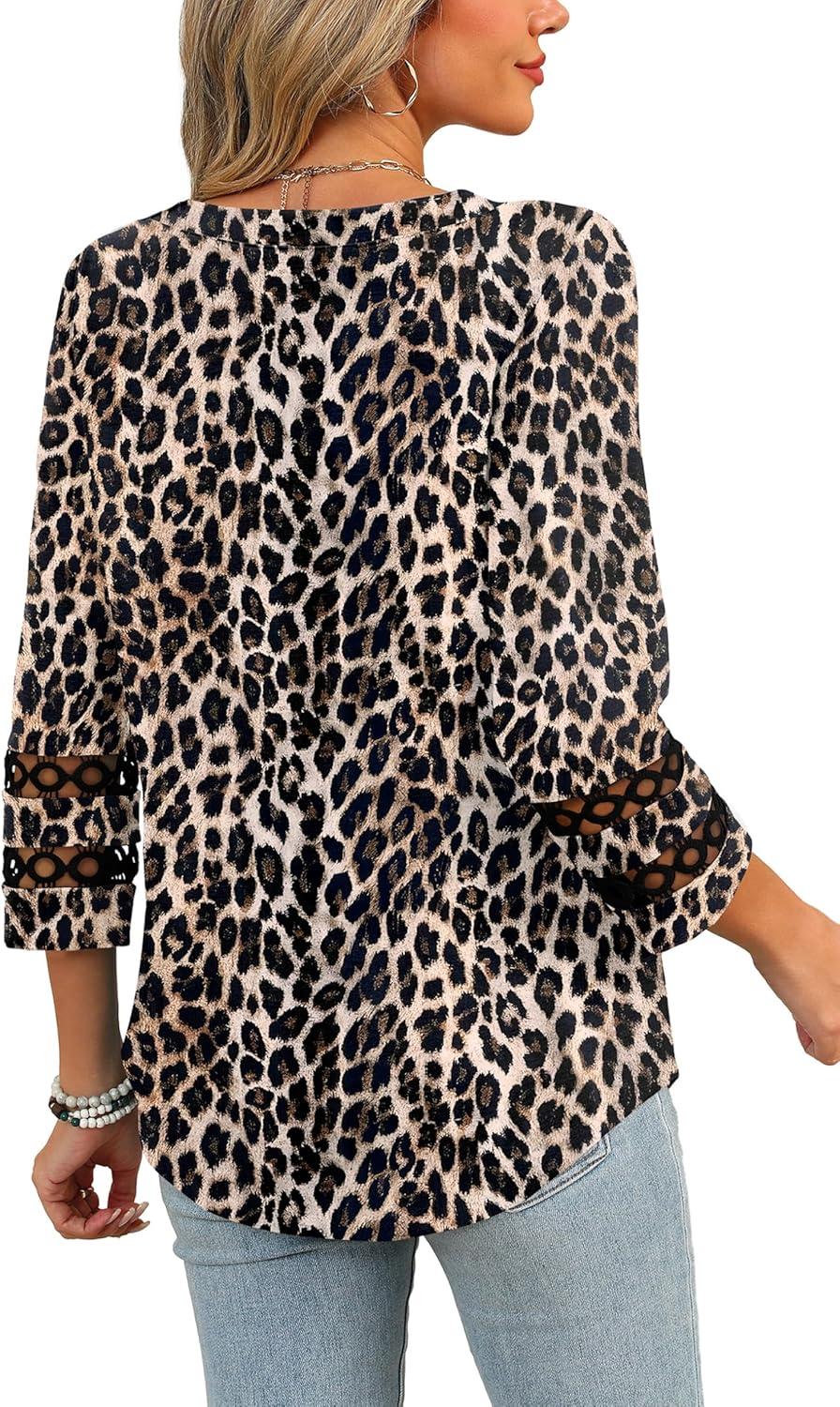 imageXIEERDUO 34 Length Sleeve Womens Tops and Blouses Dressy Casual Crewneck T Shirts Fashion Clothes Loose Fit TrendyZ Leopard