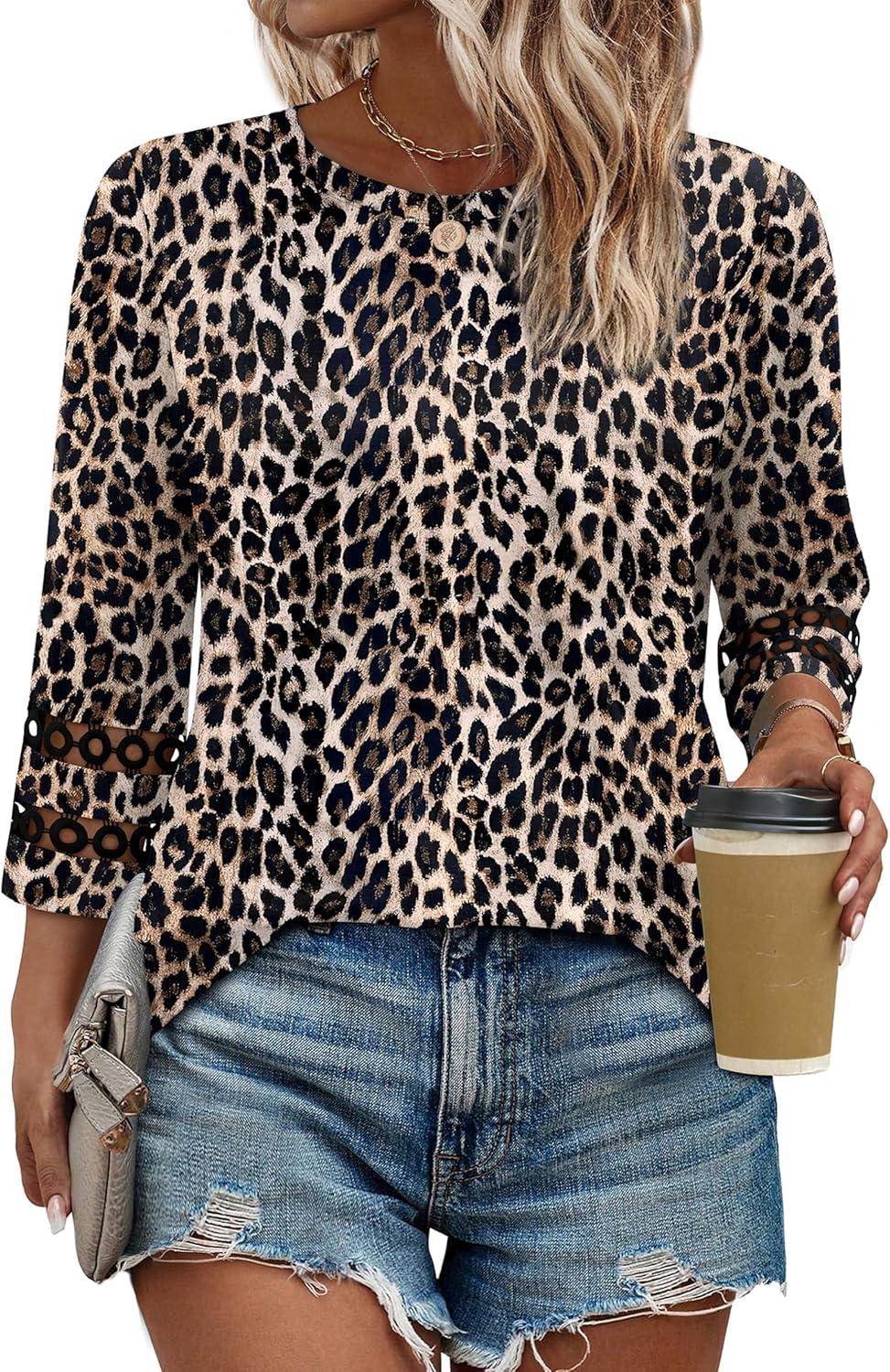 imageXIEERDUO 34 Length Sleeve Womens Tops and Blouses Dressy Casual Crewneck T Shirts Fashion Clothes Loose Fit TrendyZ Leopard