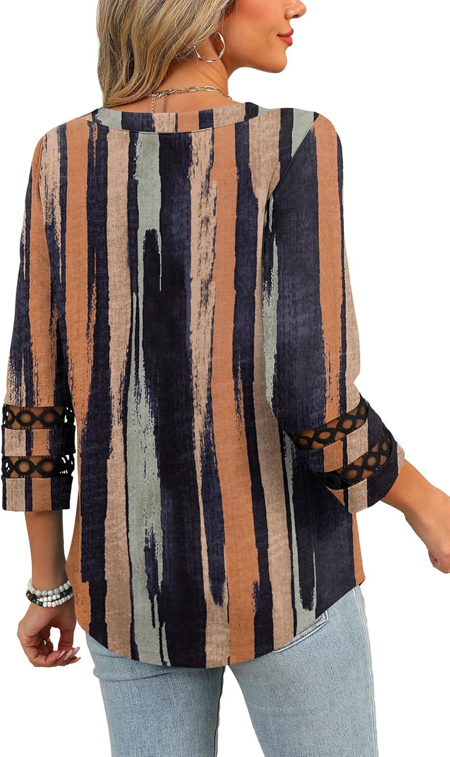 imageXIEERDUO 34 Length Sleeve Womens Tops and Blouses Dressy Casual Crewneck T Shirts Fashion Clothes Loose Fit TrendyZ Multi Stripe