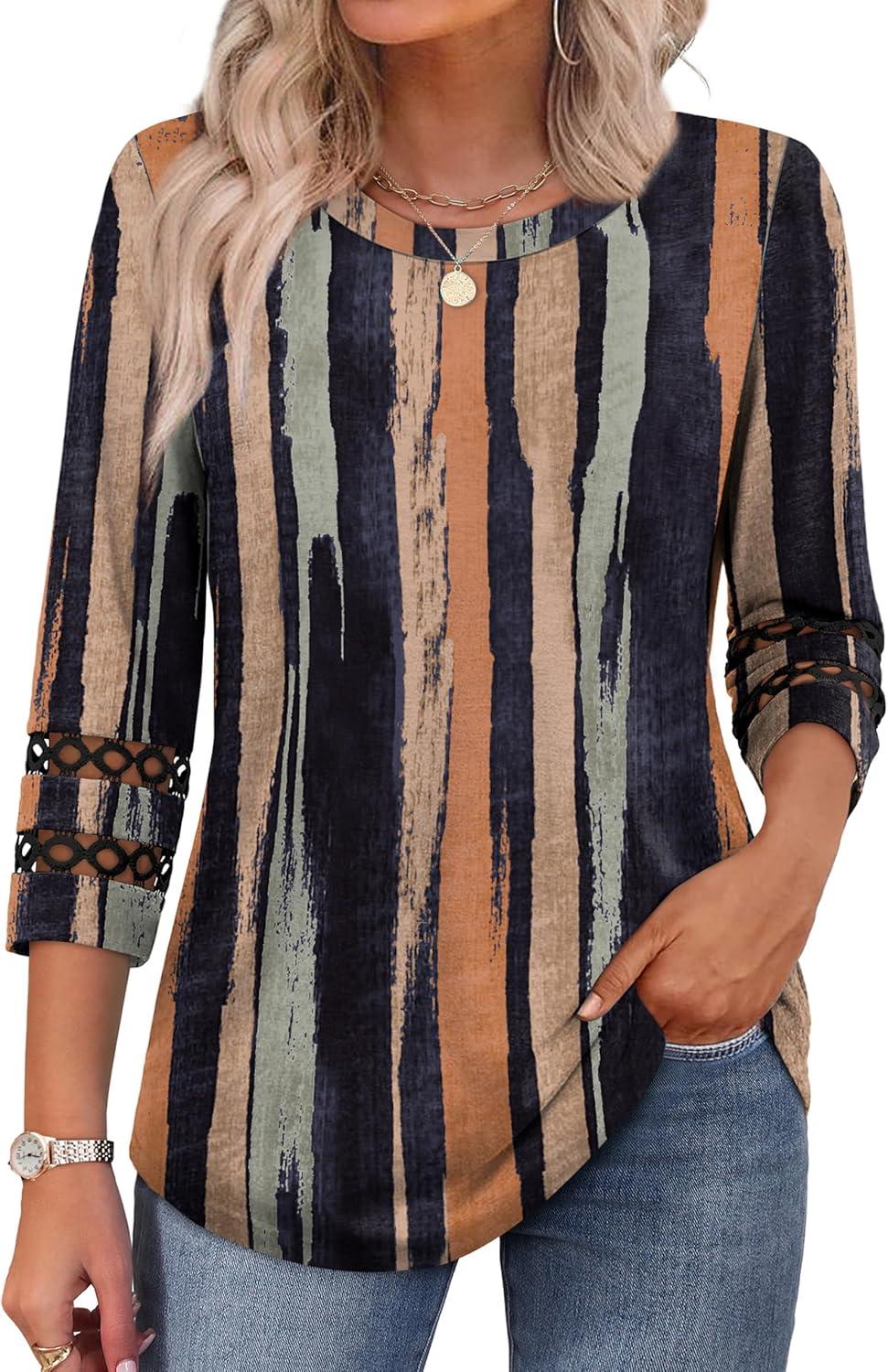 imageXIEERDUO 34 Length Sleeve Womens Tops and Blouses Dressy Casual Crewneck T Shirts Fashion Clothes Loose Fit TrendyZ Multi Stripe