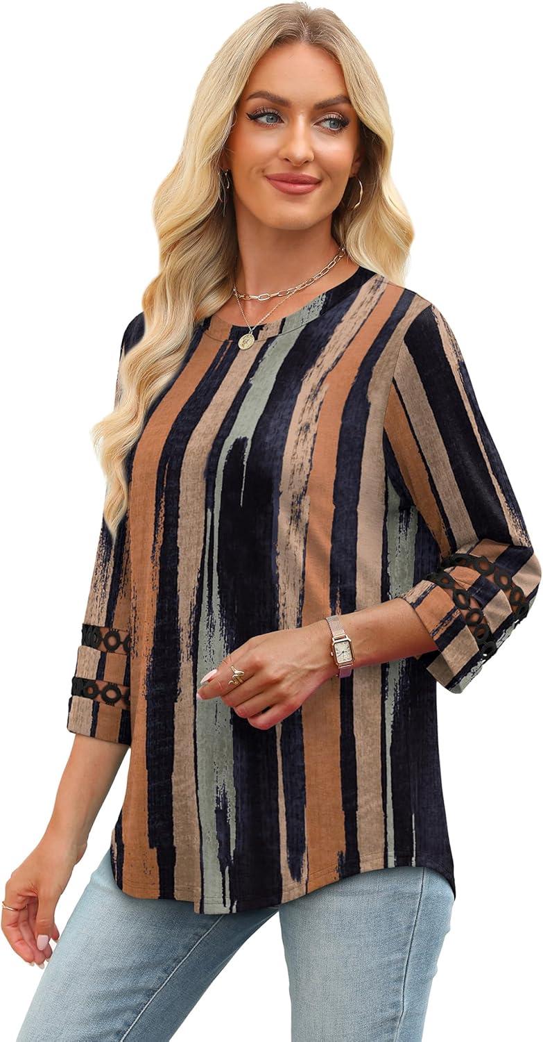 imageXIEERDUO 34 Length Sleeve Womens Tops and Blouses Dressy Casual Crewneck T Shirts Fashion Clothes Loose Fit TrendyZ Multi Stripe