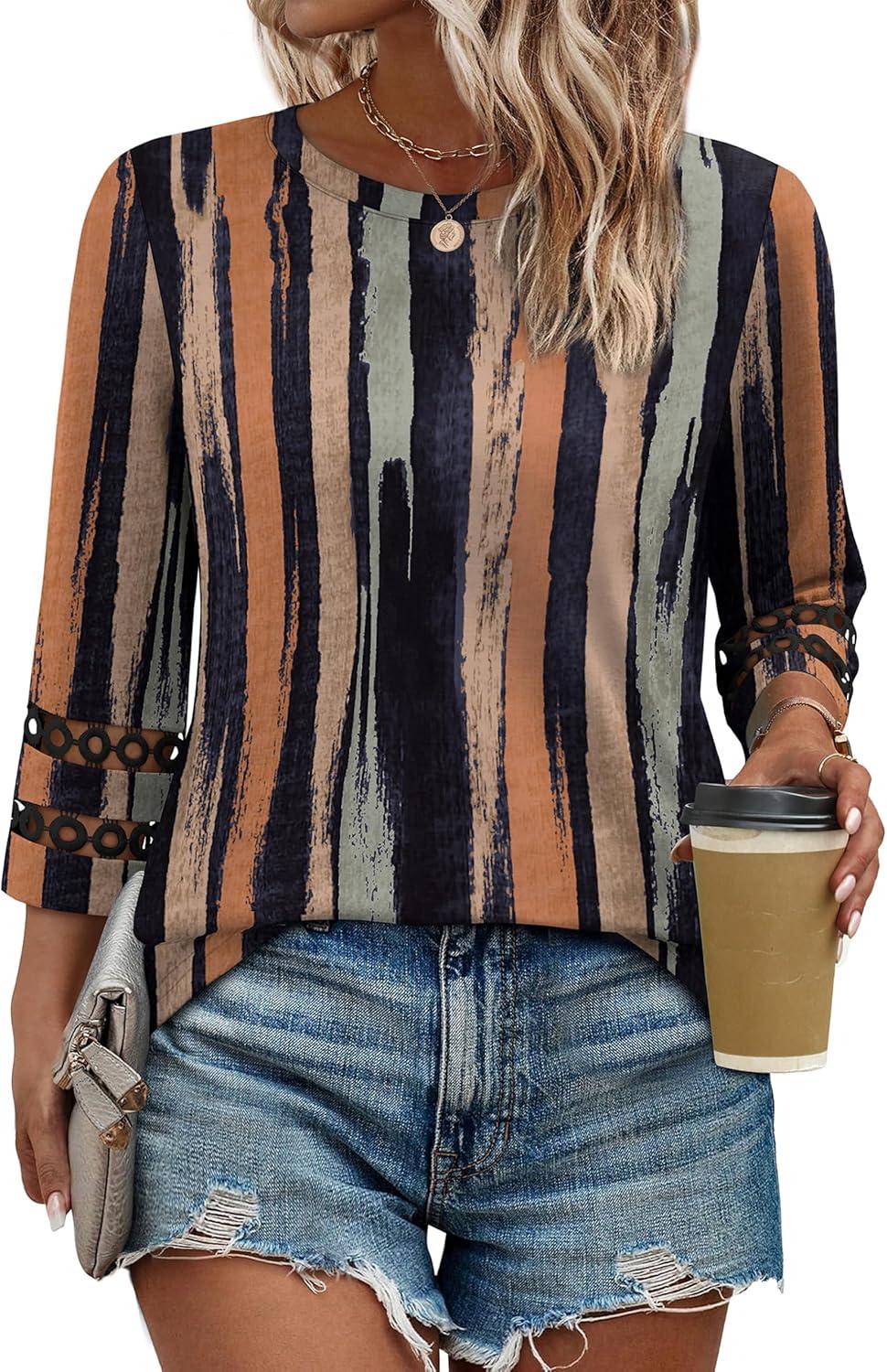 imageXIEERDUO 34 Length Sleeve Womens Tops and Blouses Dressy Casual Crewneck T Shirts Fashion Clothes Loose Fit TrendyZ Multi Stripe