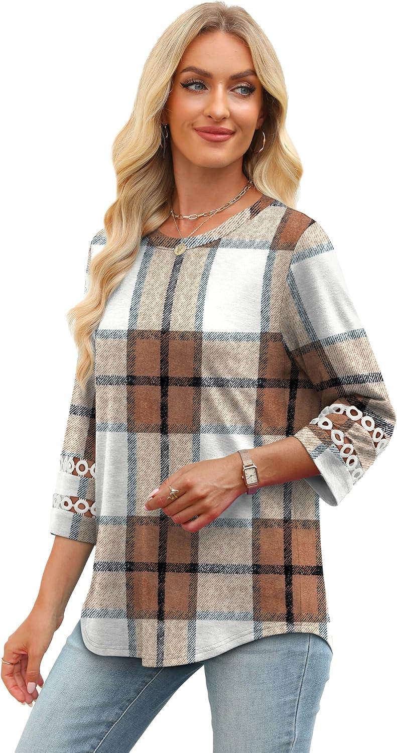 imageXIEERDUO 34 Length Sleeve Womens Tops and Blouses Dressy Casual Crewneck T Shirts Fashion Clothes Loose Fit TrendyZ Plaid Brown
