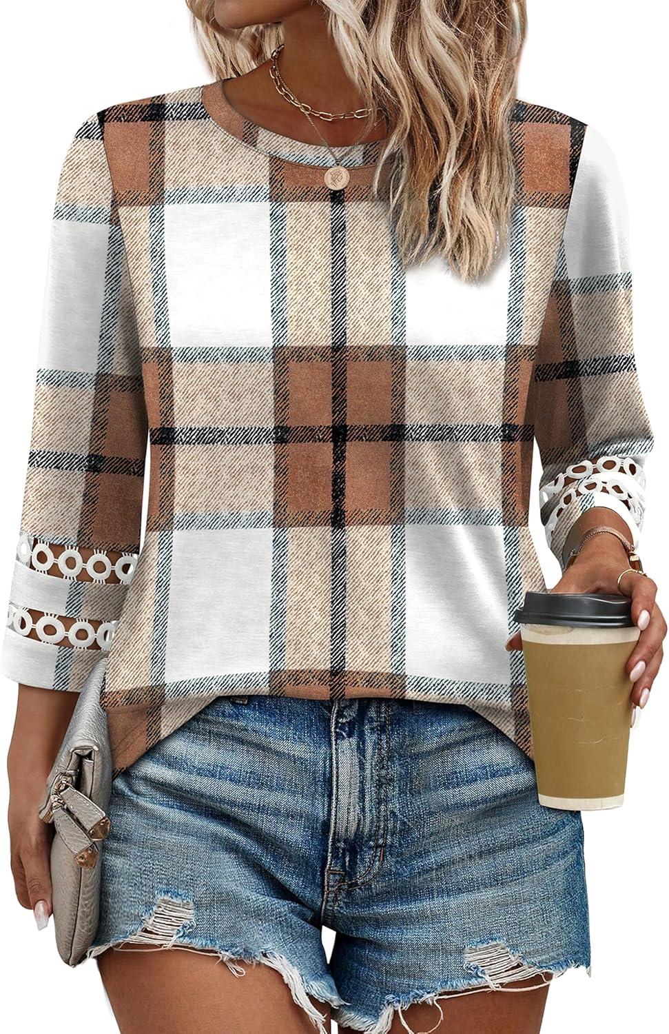 imageXIEERDUO 34 Length Sleeve Womens Tops and Blouses Dressy Casual Crewneck T Shirts Fashion Clothes Loose Fit TrendyZ Plaid Brown