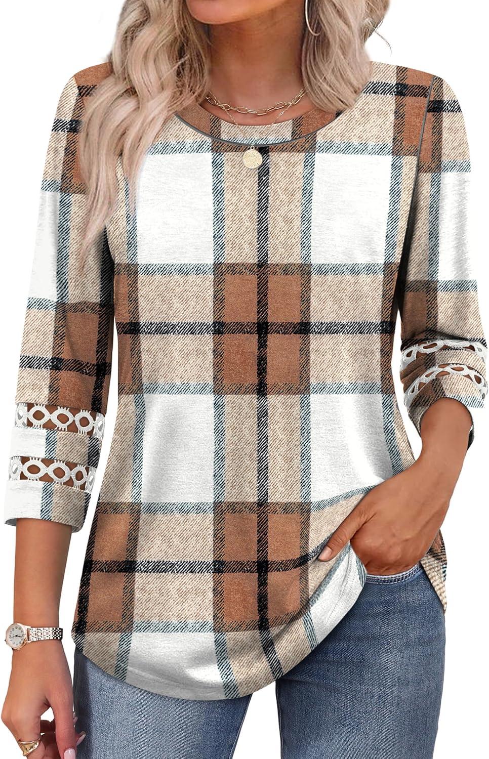 imageXIEERDUO 34 Length Sleeve Womens Tops and Blouses Dressy Casual Crewneck T Shirts Fashion Clothes Loose Fit TrendyZ Plaid Brown