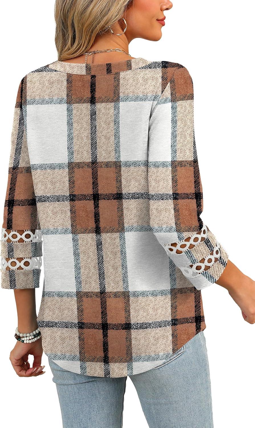 imageXIEERDUO 34 Length Sleeve Womens Tops and Blouses Dressy Casual Crewneck T Shirts Fashion Clothes Loose Fit TrendyZ Plaid Brown