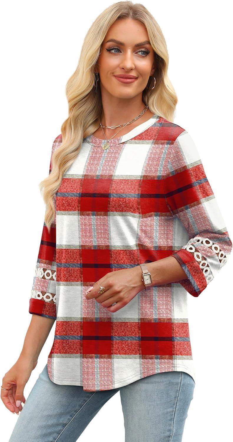 imageXIEERDUO 34 Length Sleeve Womens Tops and Blouses Dressy Casual Crewneck T Shirts Fashion Clothes Loose Fit TrendyZ Plaid Red